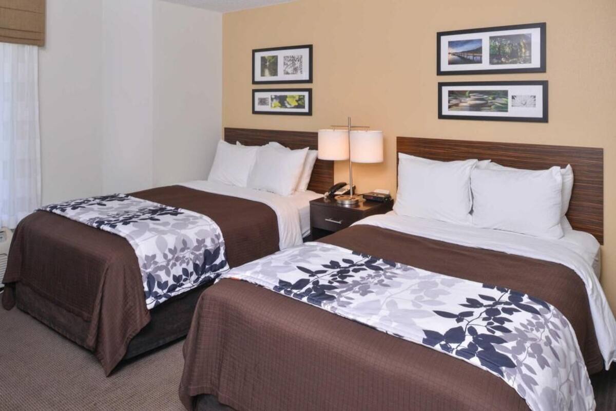 A hotel room with two beds, a nightstand with a lamp, and framed pictures on the wall.