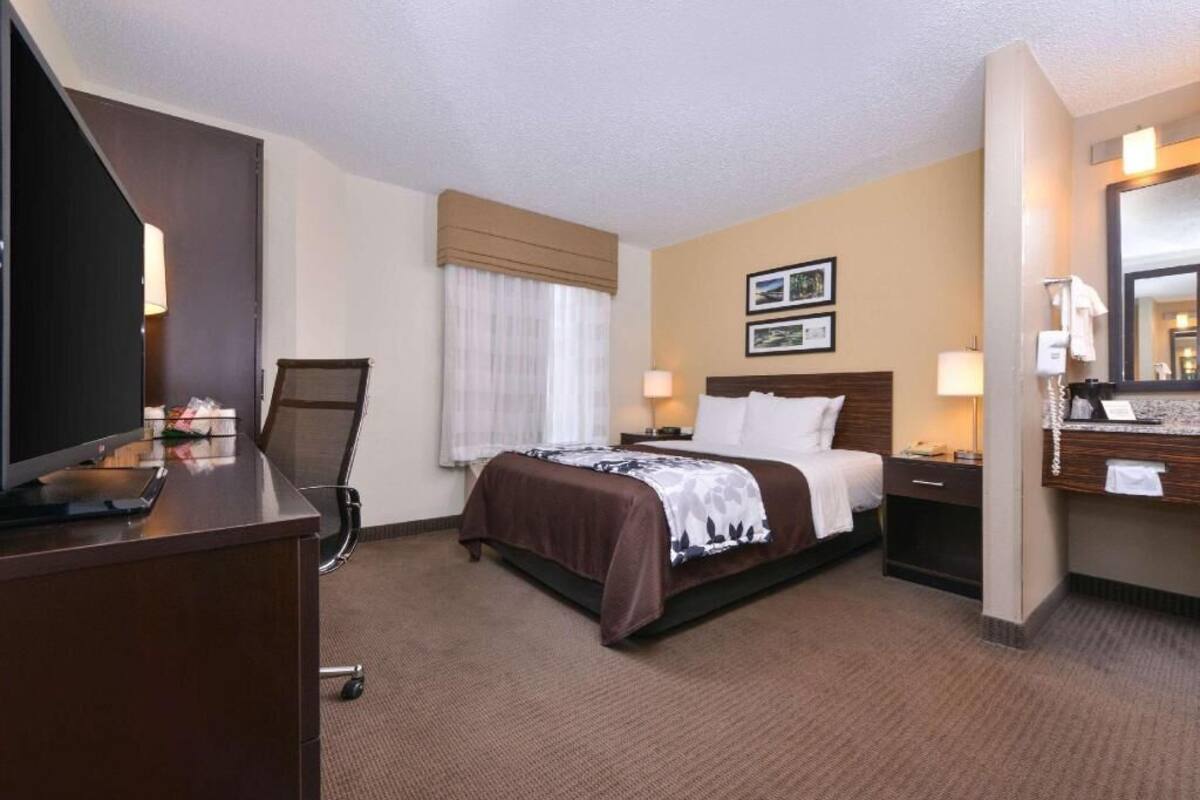 A hotel room with a bed, bedside table, lamp, TV, and a desk with a chair.