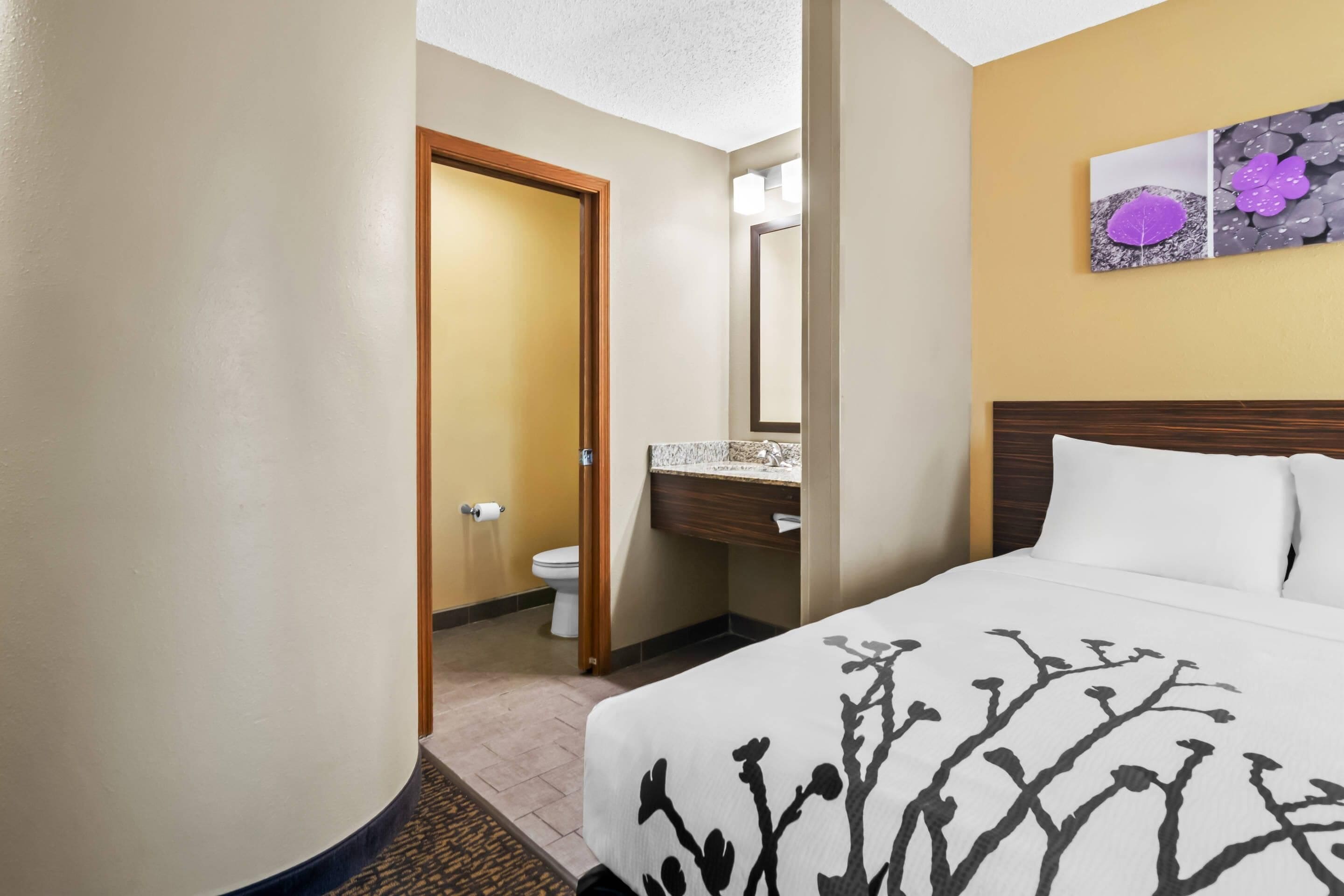 Een hotelkamer met een bed, een badkamer met toilet en wastafel, en een spiegel.