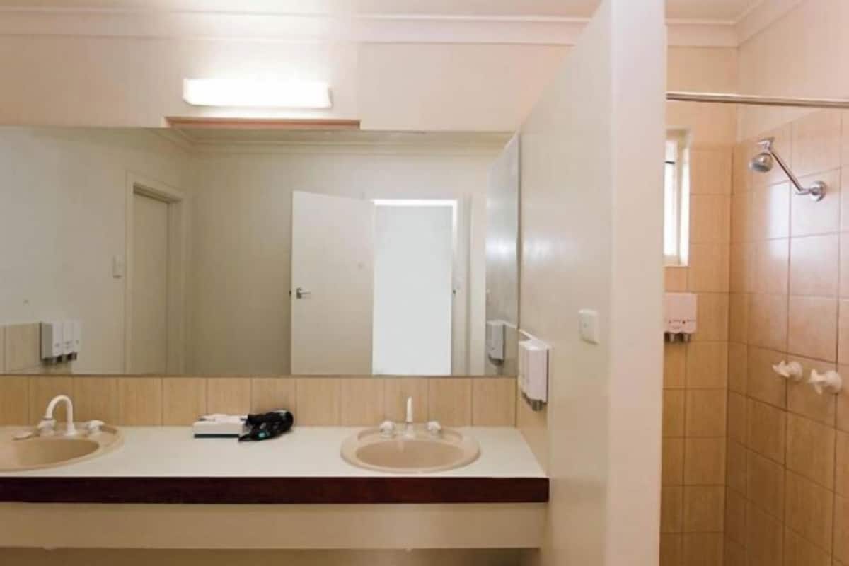 Shower, free toiletries, hair dryer, towels