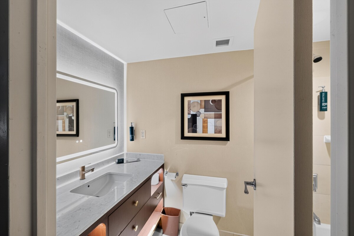 Combined shower/bathtub, free toiletries, hair dryer, towels