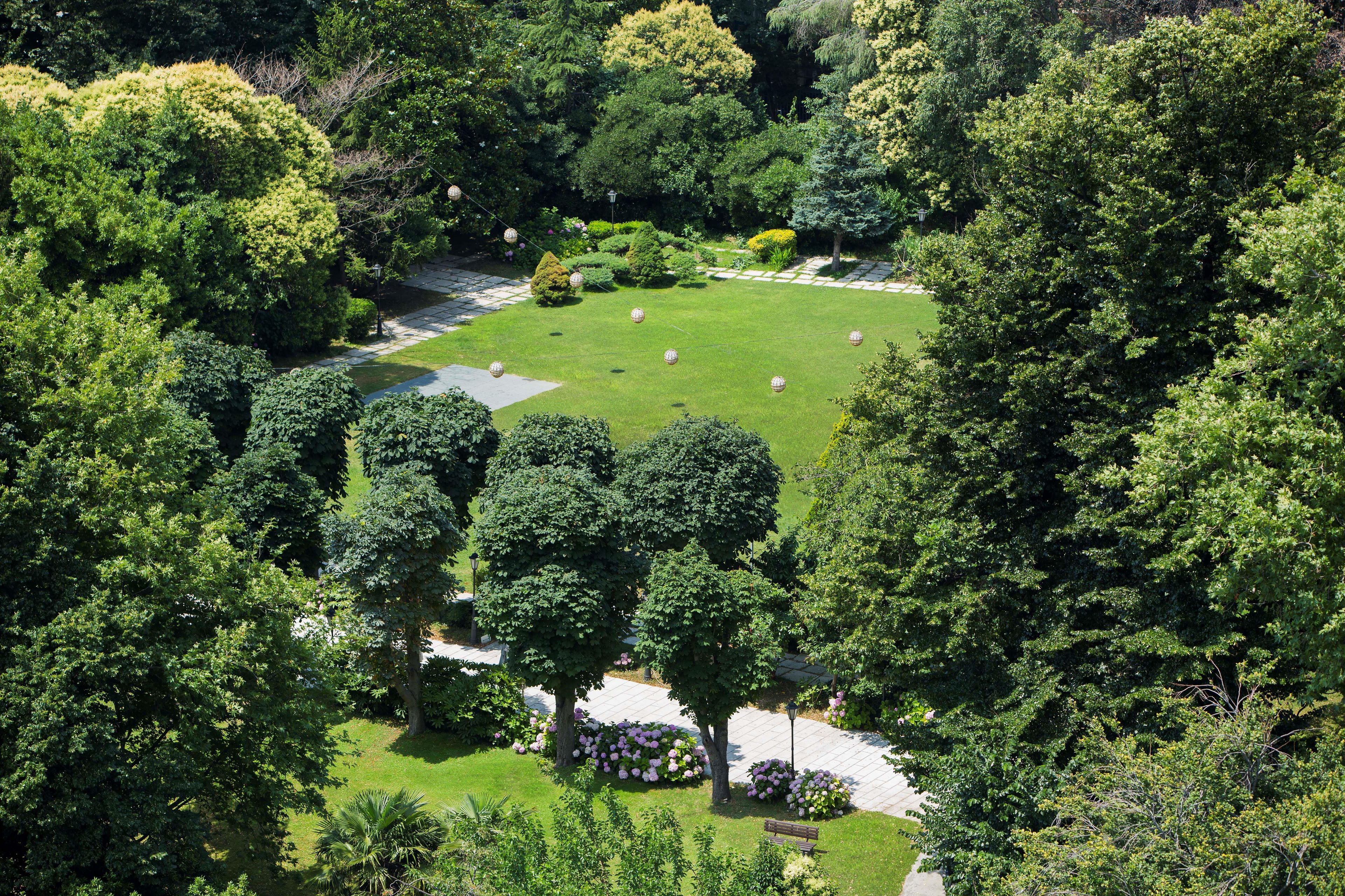 Ein Park mit Rasenfläche, Bäumen und einem Weg.