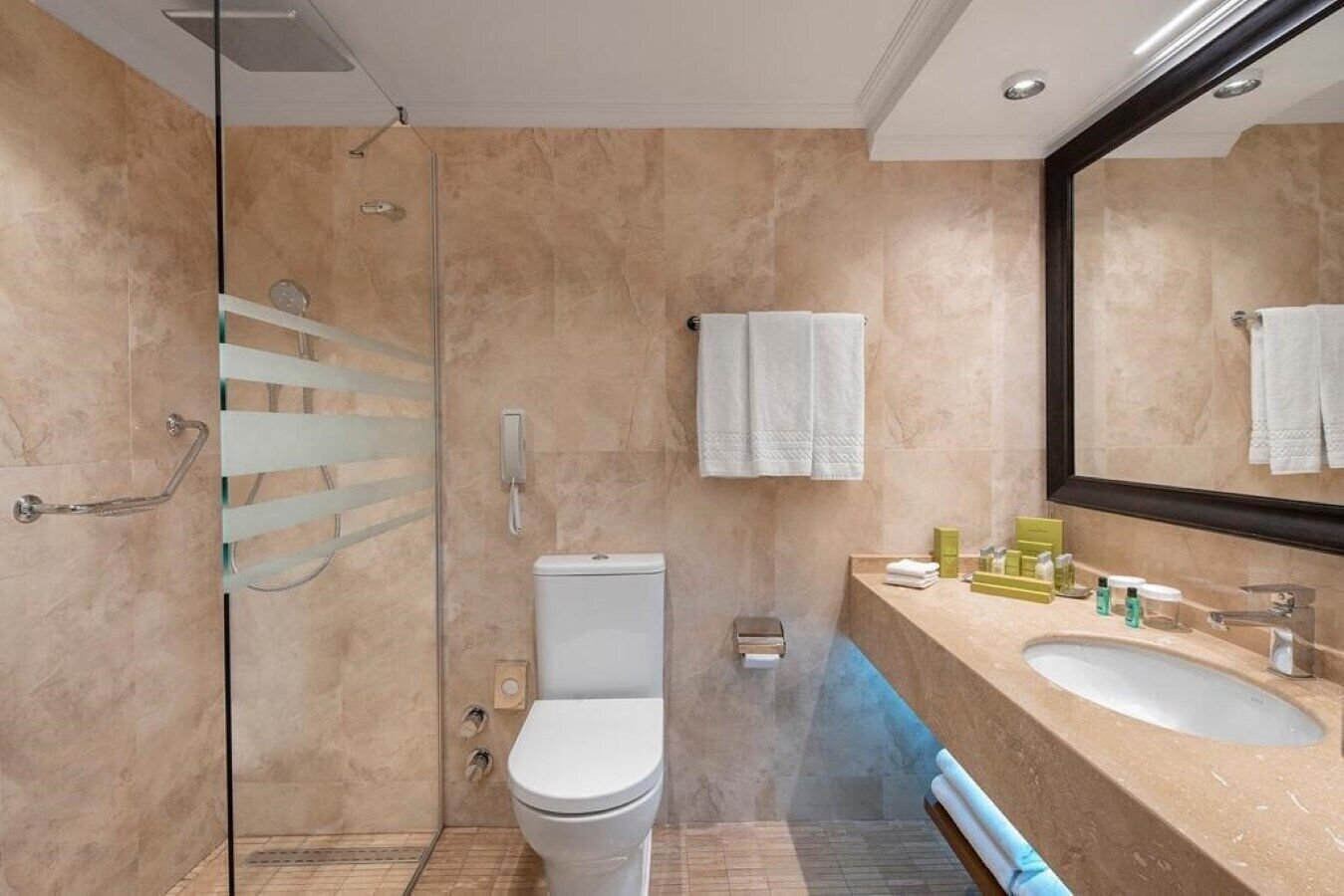 A modern bathroom with a glass shower enclosure, a white toilet, and a vanity with a sink and mirror.