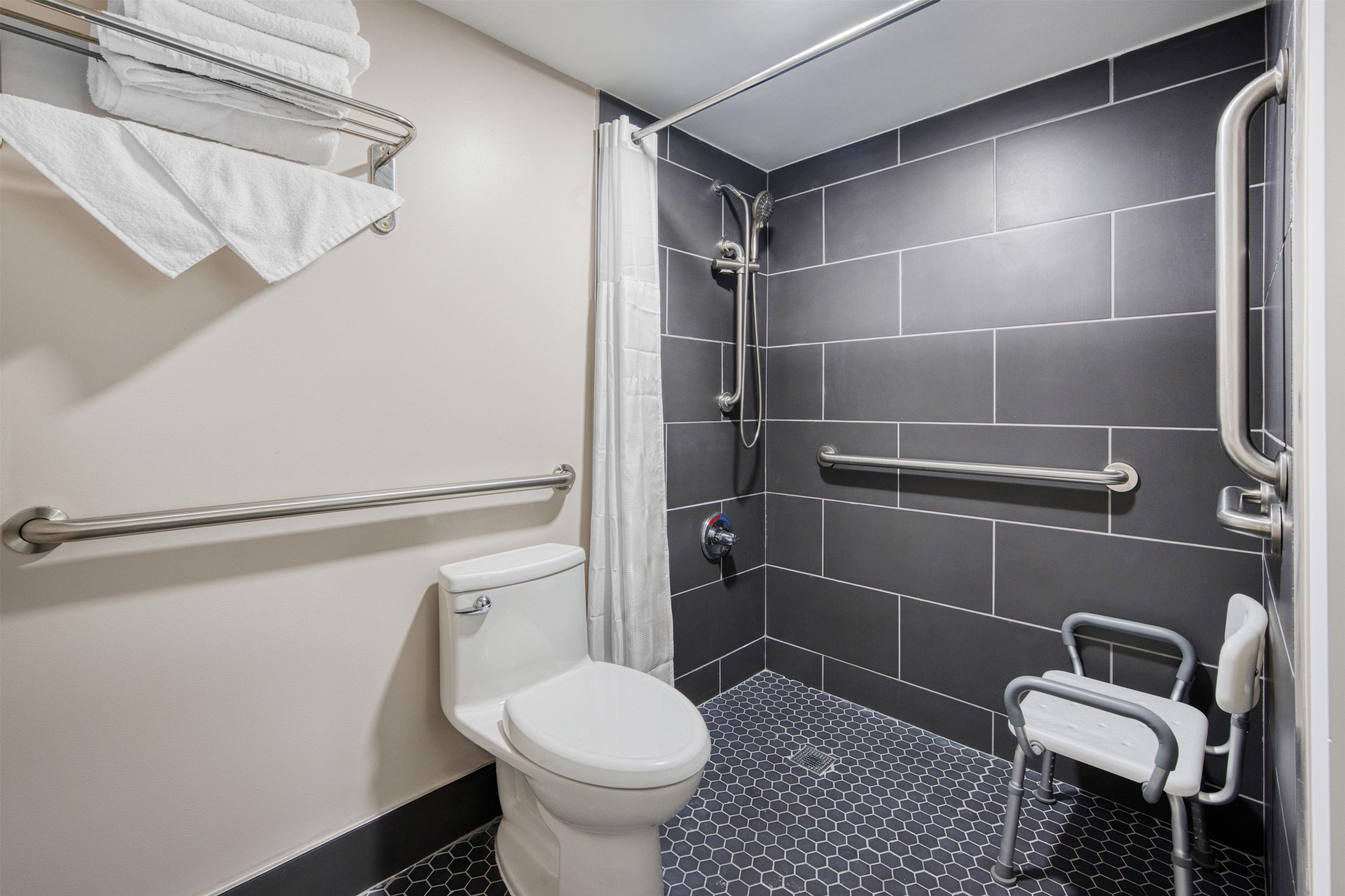 A modern bathroom with a toilet, a shower with a glass door, and a grab bar.