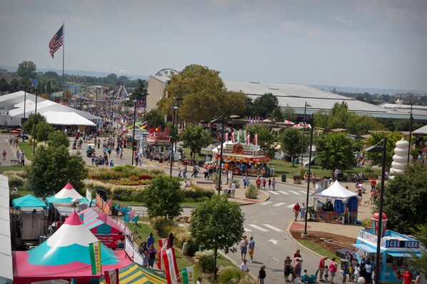 A bustling outdoor event with various tents and food stalls, a large flag, and a Ferris wheel in the background. - Best Western Shepherdsville-Louisville South Hotel (Shepherdsville)