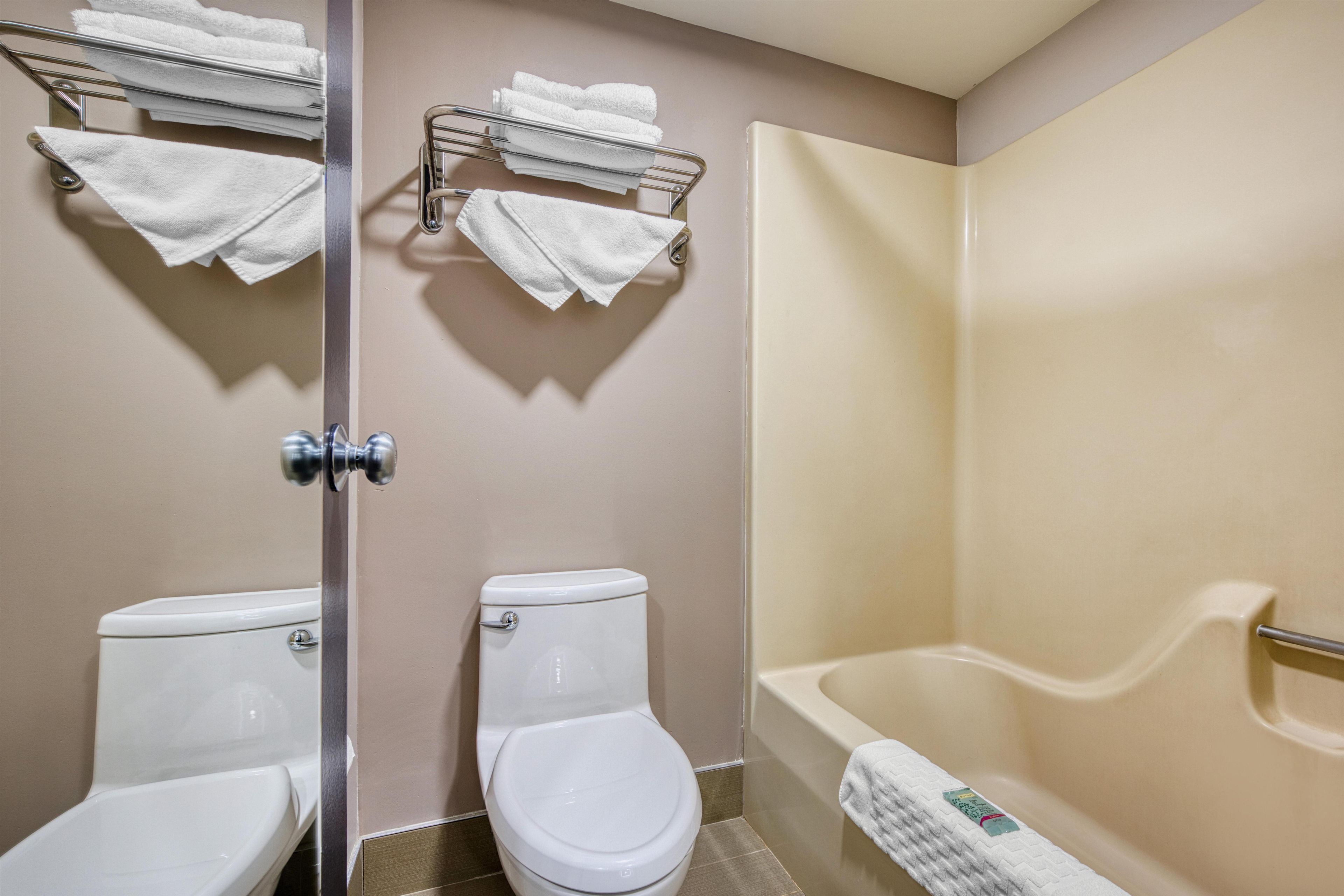 A bathroom with two toilets, a bathtub, and a shower.