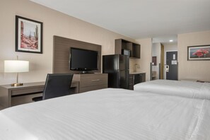 A hotel room with two beds, a desk with a television, a refrigerator, and a microwave. - Best Western Shepherdsville-Louisville South Hotel (Shepherdsville)