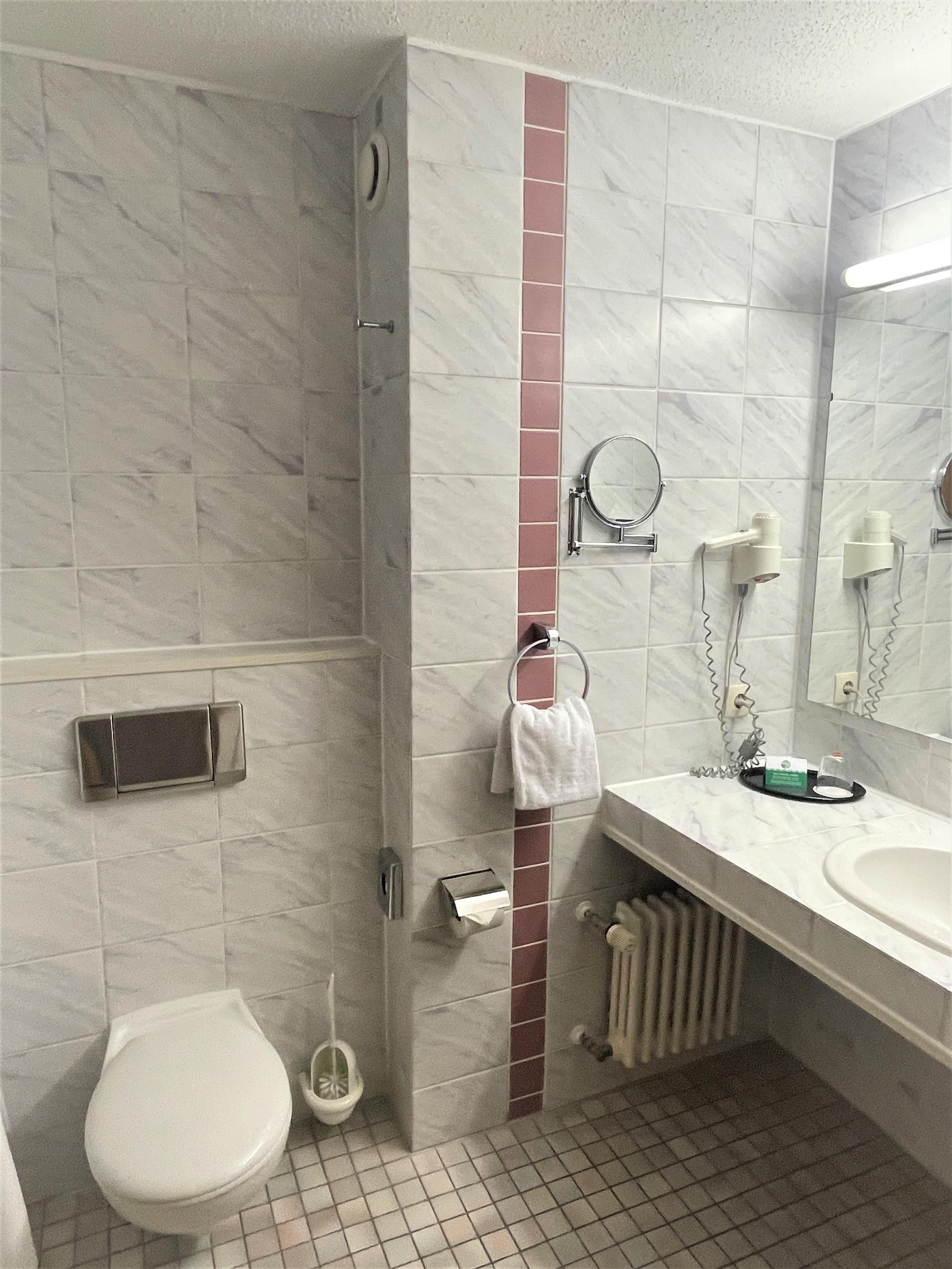 A bathroom with a toilet, a sink, a mirror, a towel rack, and a radiator.