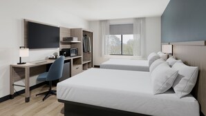 Una habitación de hotel con cama, escritorio, silla y televisor.