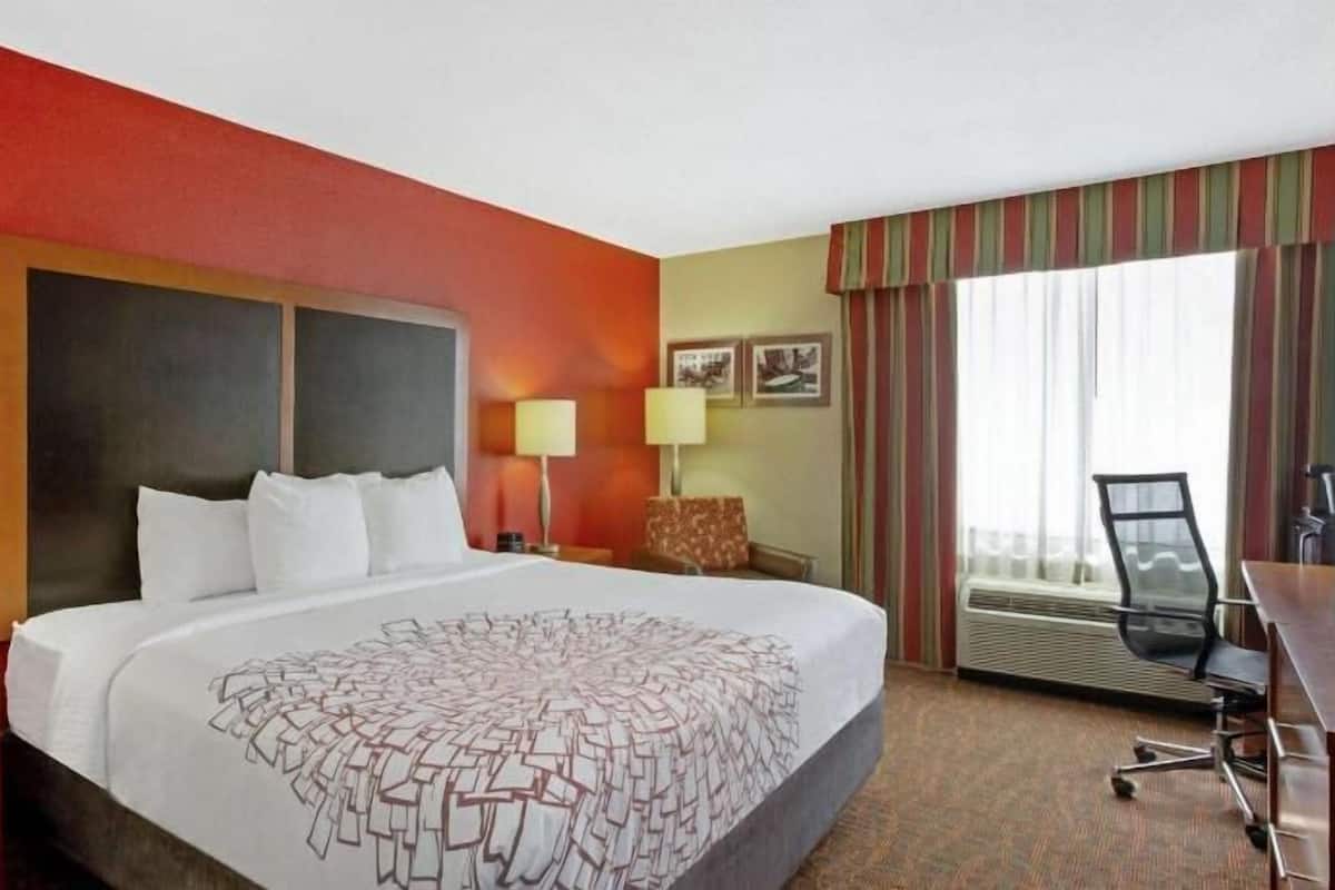 Premium bedding, desk, laptop workspace, blackout drapes