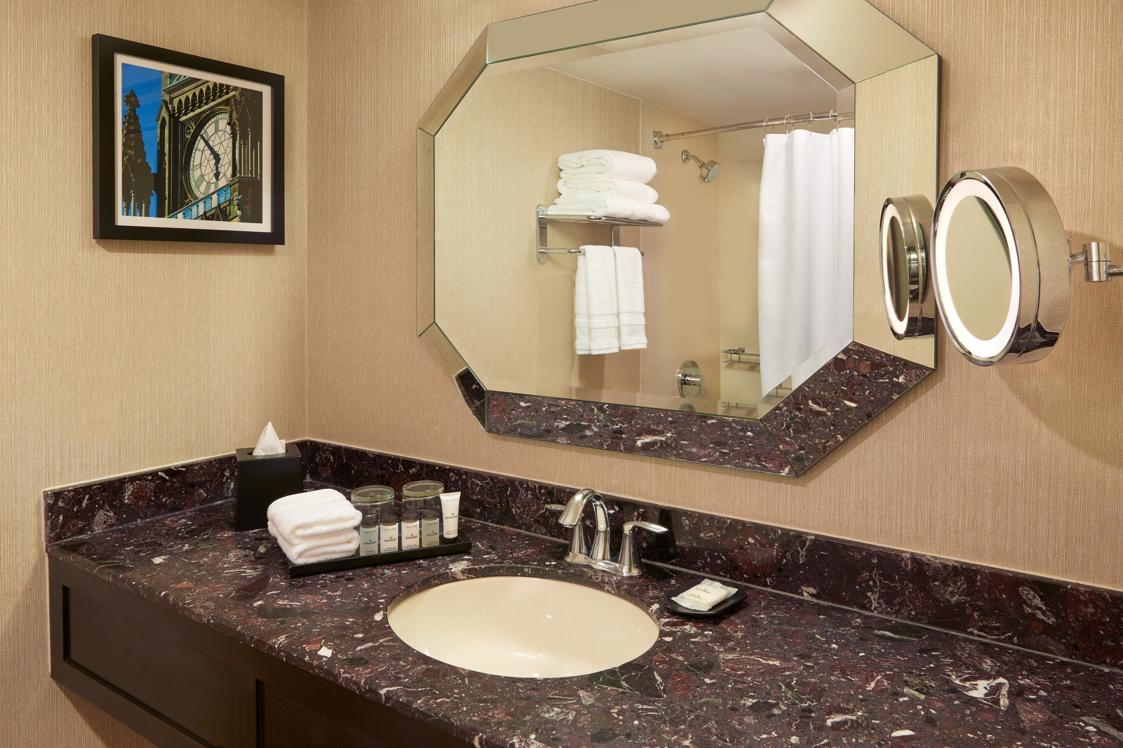 combined shower/bathtub, free toiletries, hair dryer, towels