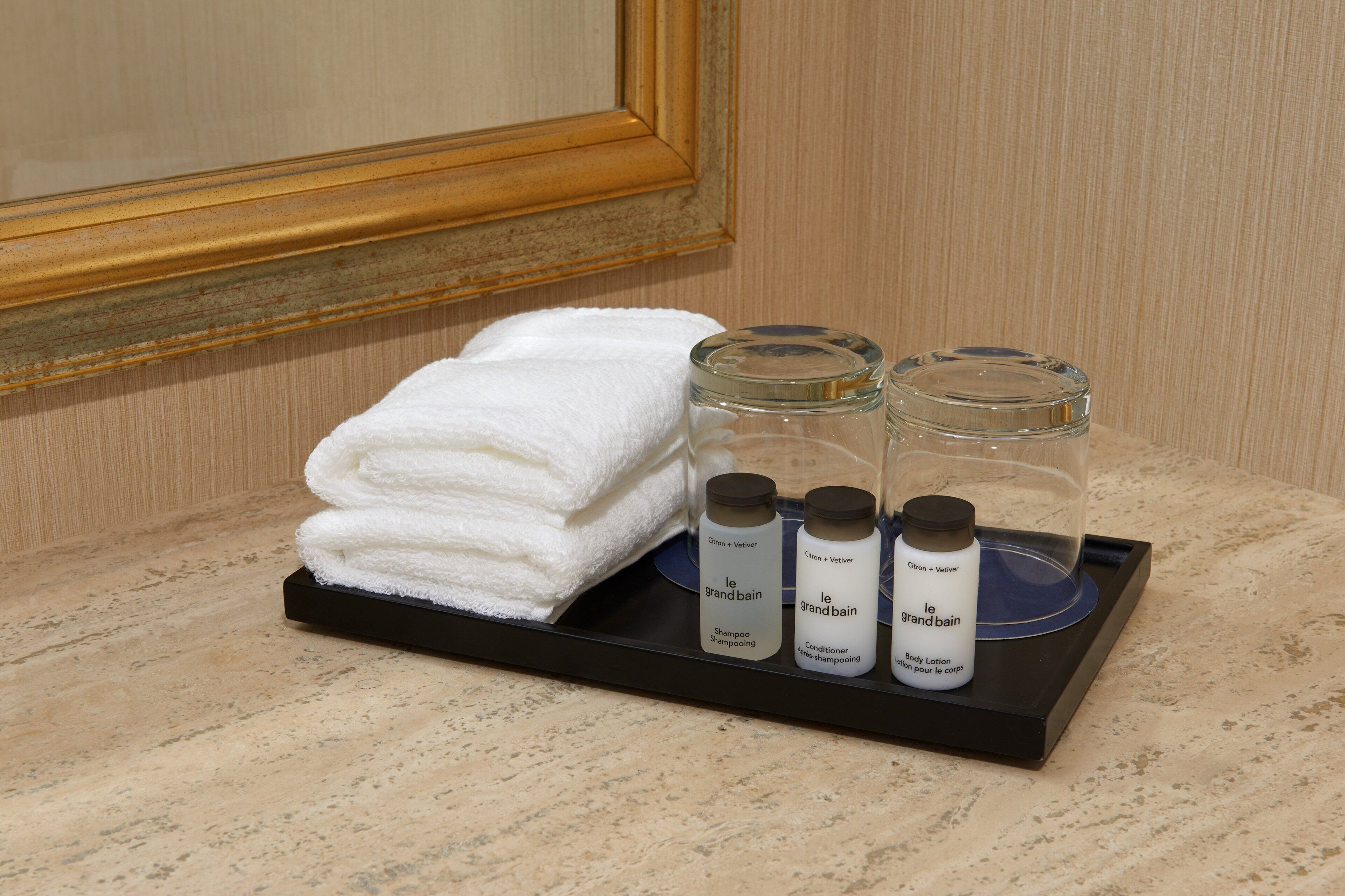 combined shower/bathtub, free toiletries, hair dryer, towels