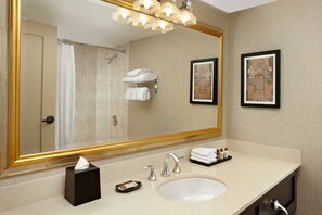 Un baño de hotel con un espejo grande, un lavamanos, un perchero para toallas y un cuadro en la pared.