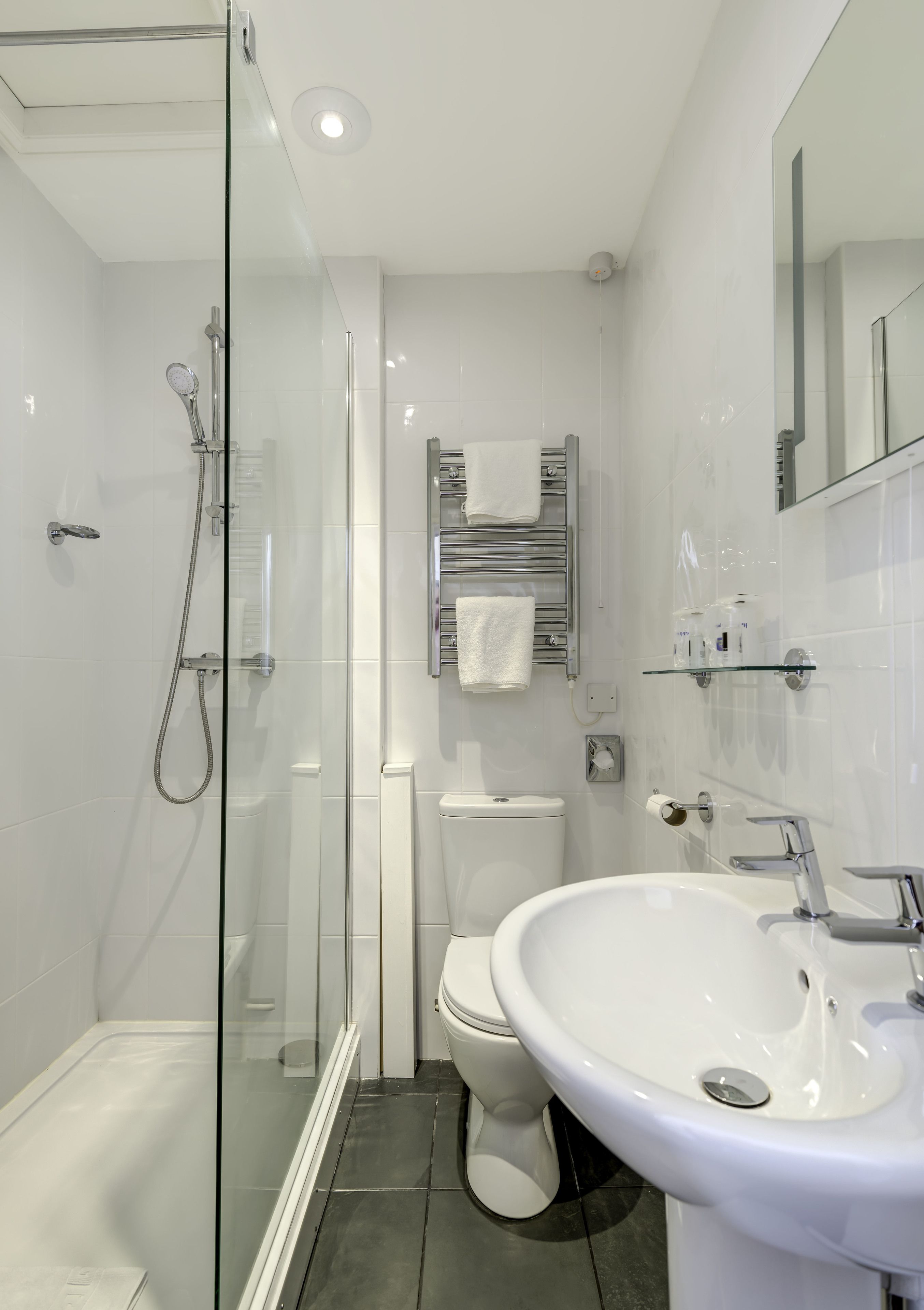 A modern bathroom with a glass shower enclosure, a white sink, and a toilet.