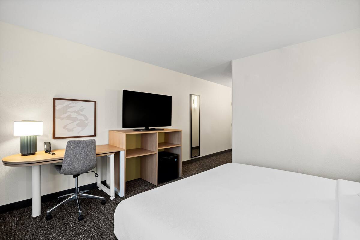 Une chambre d’hôtel avec un lit, un bureau et une chaise, une télévision et un tableau encadré au mur.