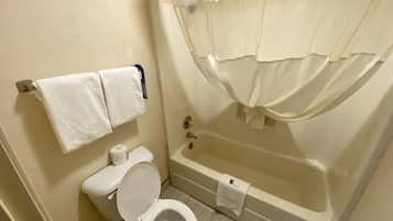 Une salle de bain avec des toilettes, une baignoire et un rideau de douche.