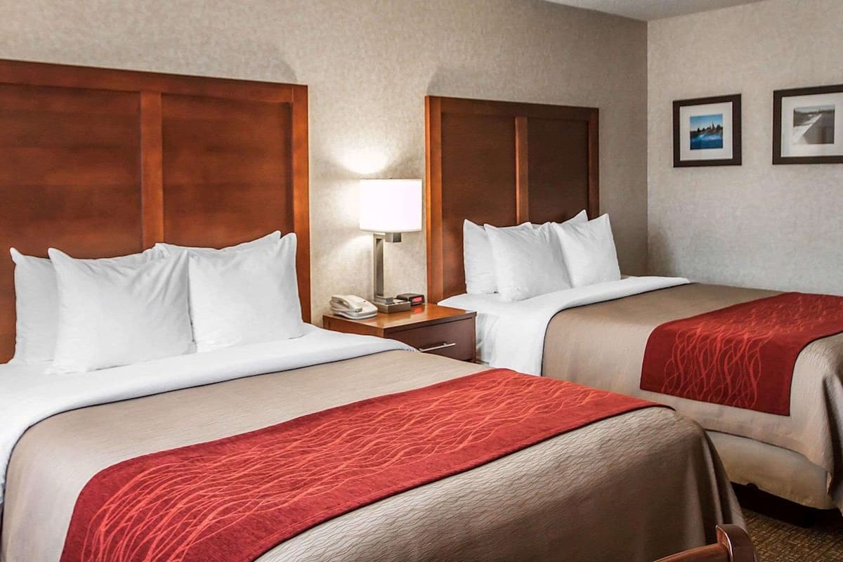 A hotel room with two beds, a nightstand with a lamp, and a phone.