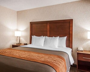 A hotel room with a large bed, wooden headboard, two bedside tables, a lamp, and a telephone.
