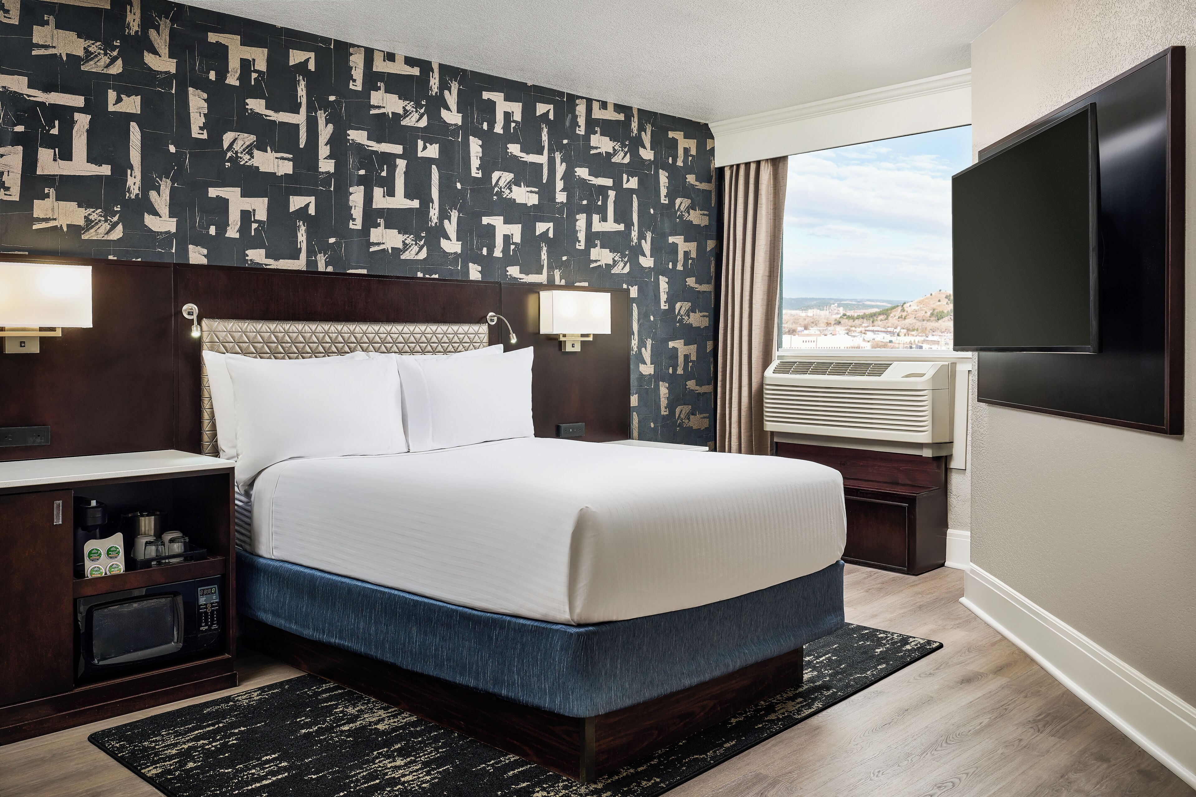 Une chambre d’hôtel avec un lit, une télévision, un four à micro-ondes et une vue sur la ville.