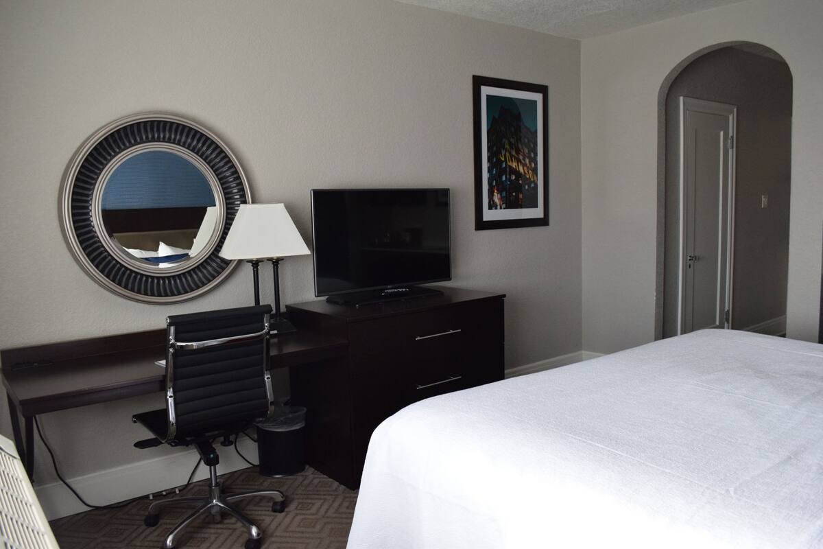 A hotel room with a bed, a desk with a computer, a TV, a mirror, and a framed picture on the wall.