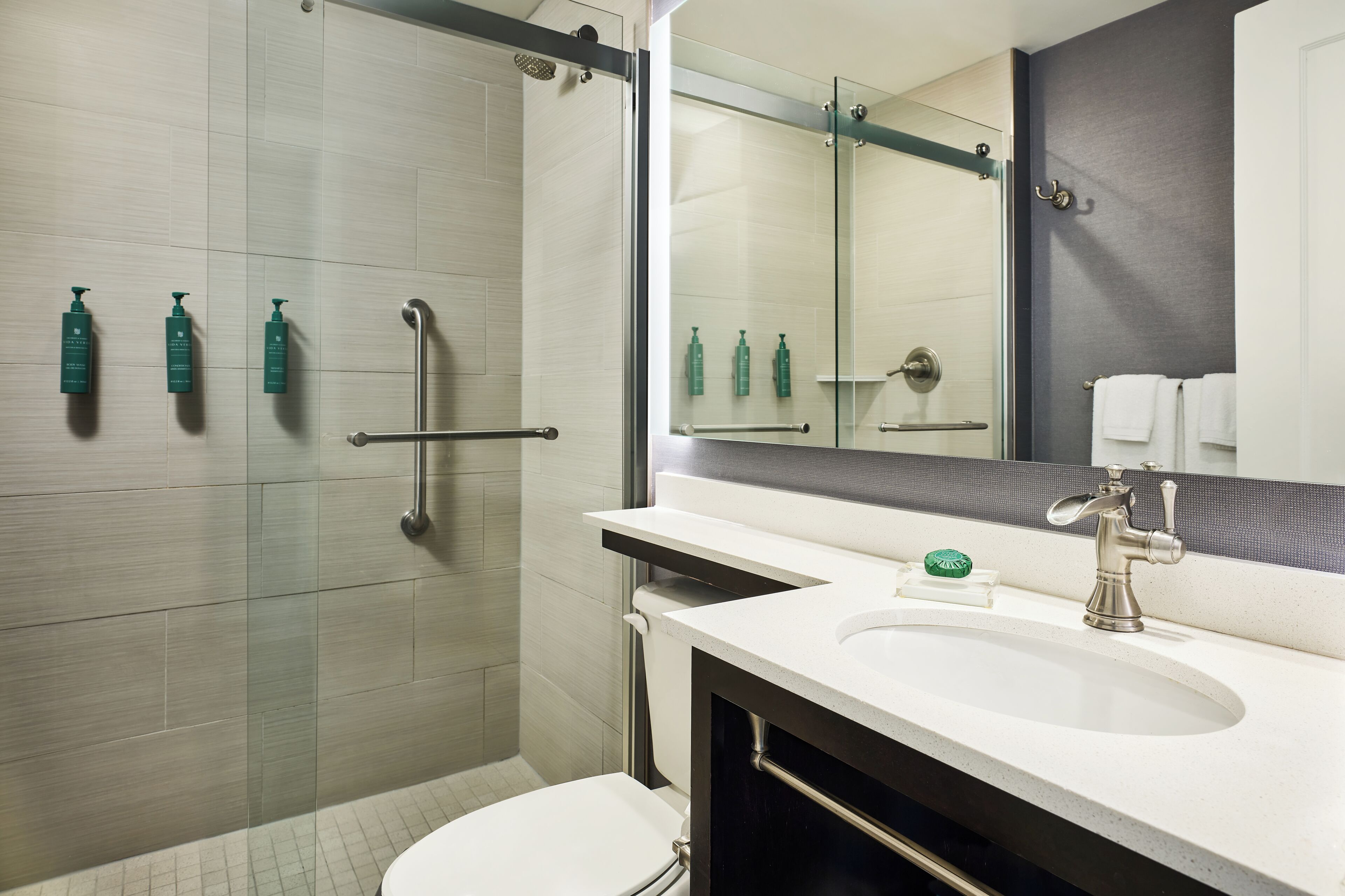 A modern bathroom with a glass shower enclosure, a white sink, and a large mirror.