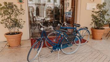 A blue bicycle parked in front of a building with a sign reading "ALBERGO DI MEDAGGIO".