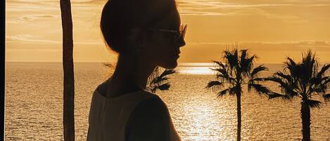 A person standing by a window overlooking a sunset over the ocean, with palm trees and a boat visible.