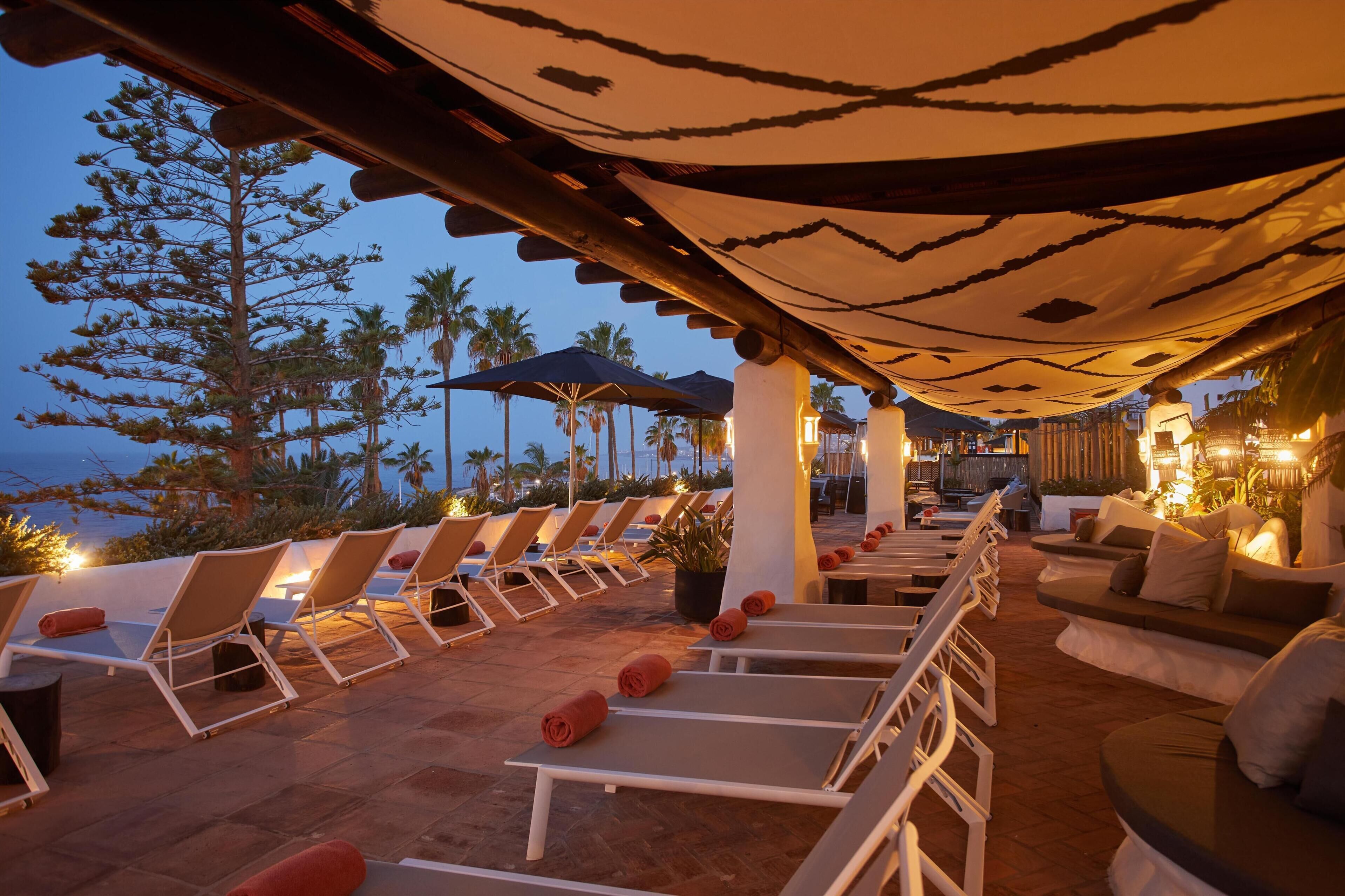 Una terraza con sillones y un sofá, con vista a una playa con palmeras y el océano.