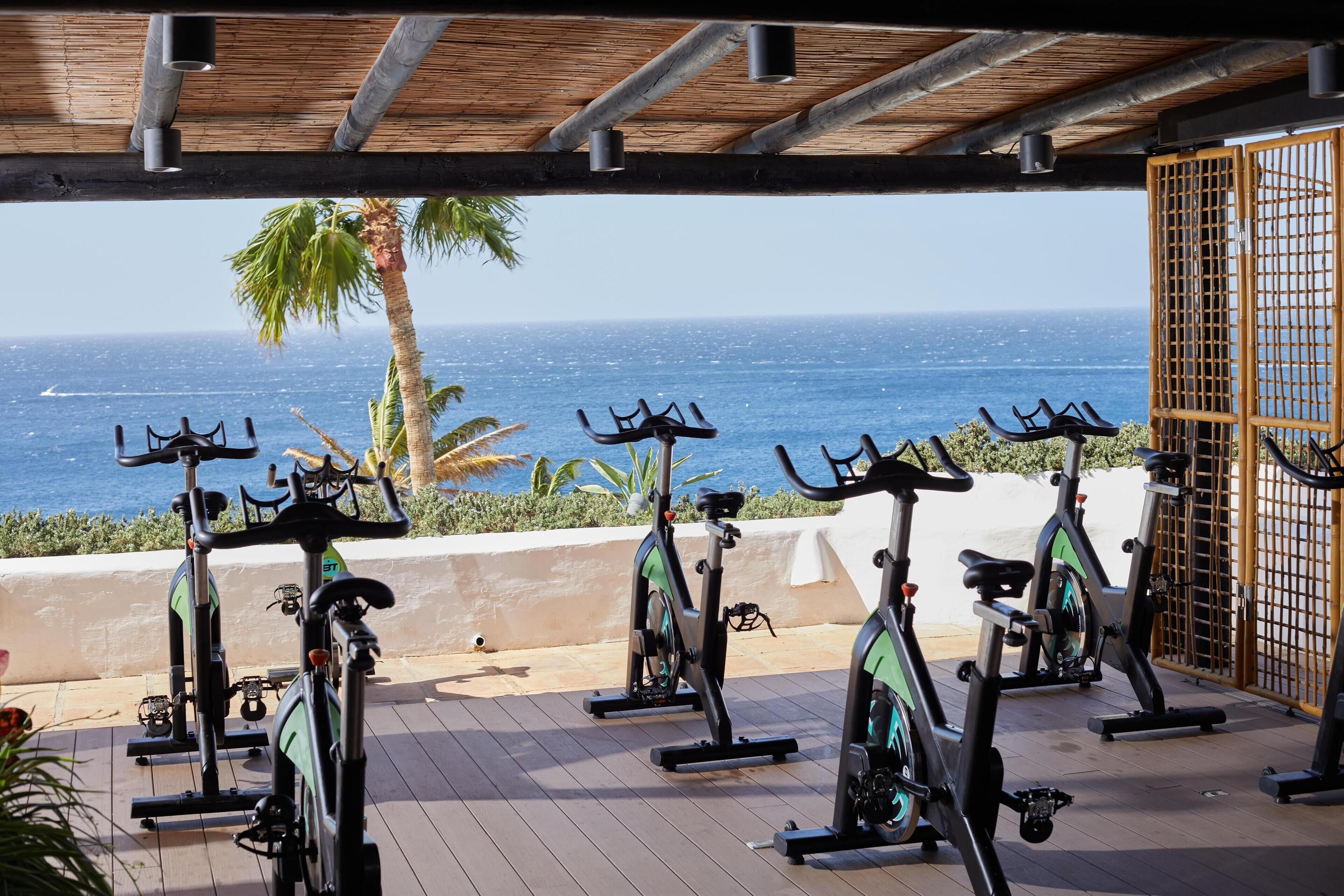 Un espace extérieur abrité, aménagé avec des vélos d’exercice alignés, offrant une vue sur la côte.