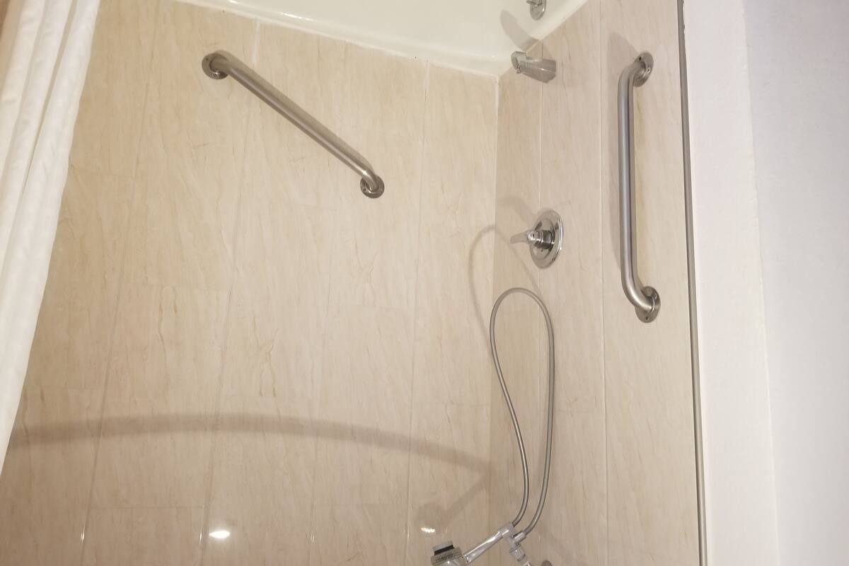 standard room, 1 king bed, accessible, non smoking | bathroom | combined shower/bathtub, free toiletries, hair dryer, towels