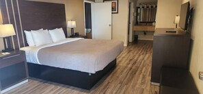 1 bedroom, desk, laptop workspace, blackout curtains