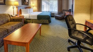 Een hotelkamer met een bed, een bank, een bureau, een stoel en een lamp.