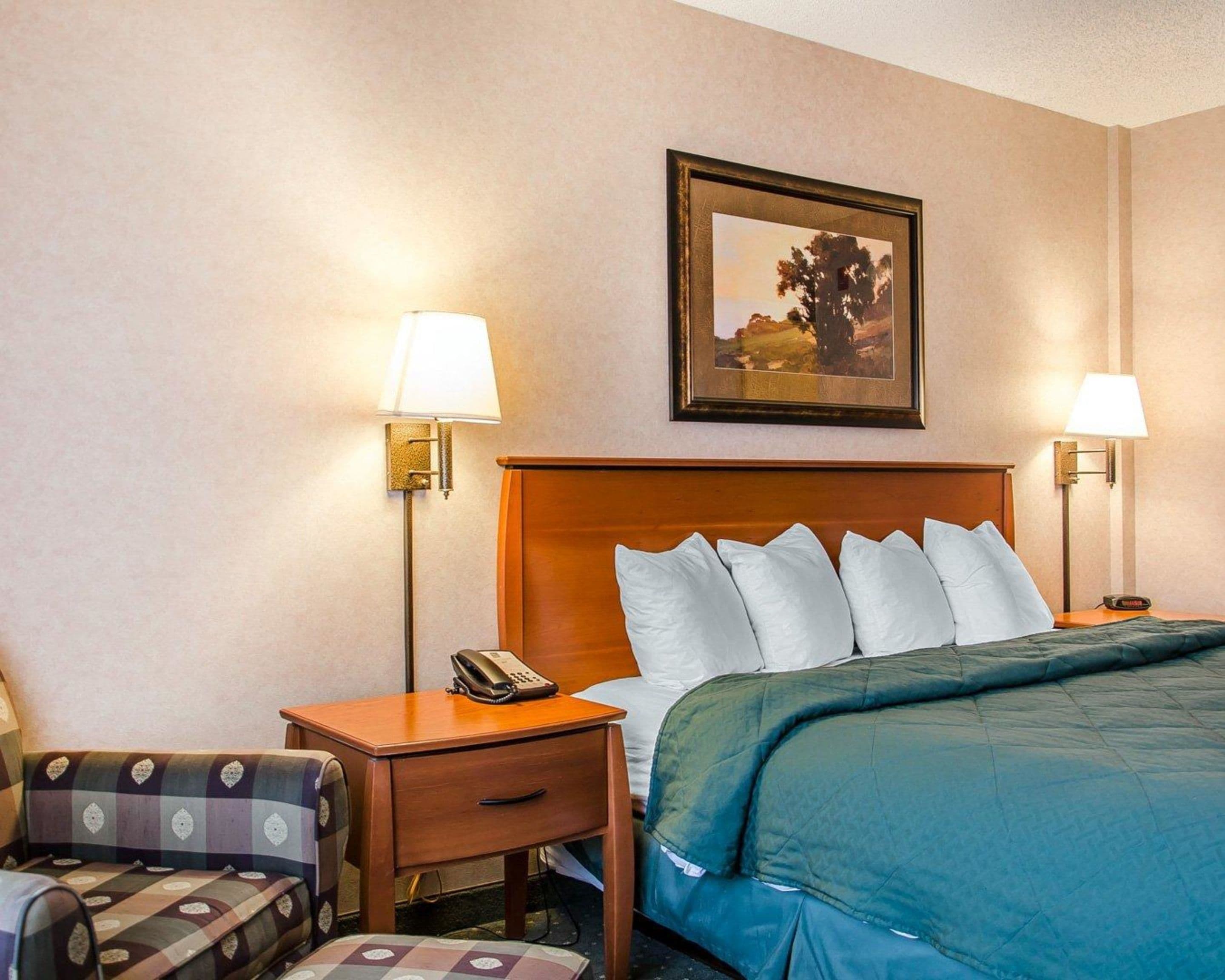 Habitación de hotel con cama, dos lámparas de noche, mesita con teléfono, silla e imagen en el pared.