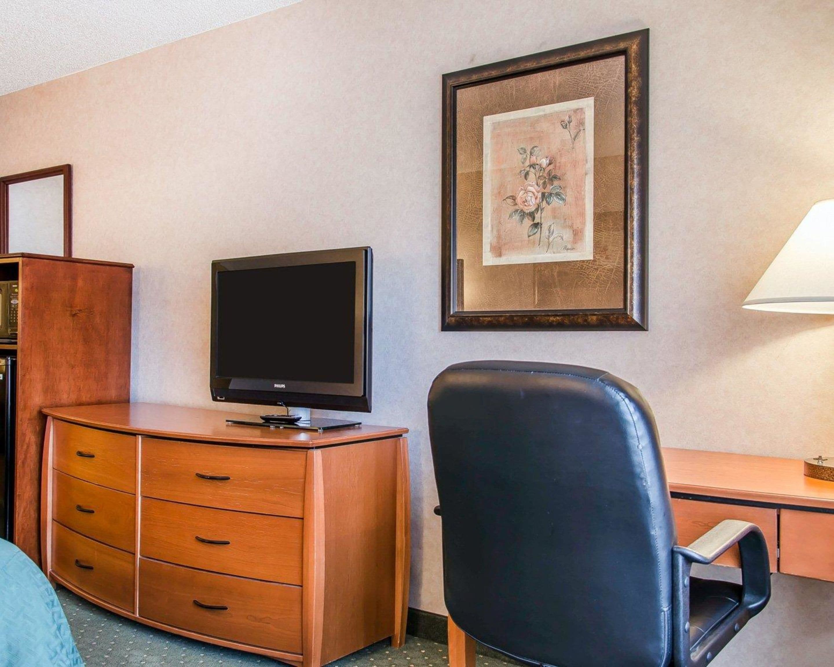 A hotel room with a wooden dresser, a television, a desk, a chair, and a framed picture on the wall.