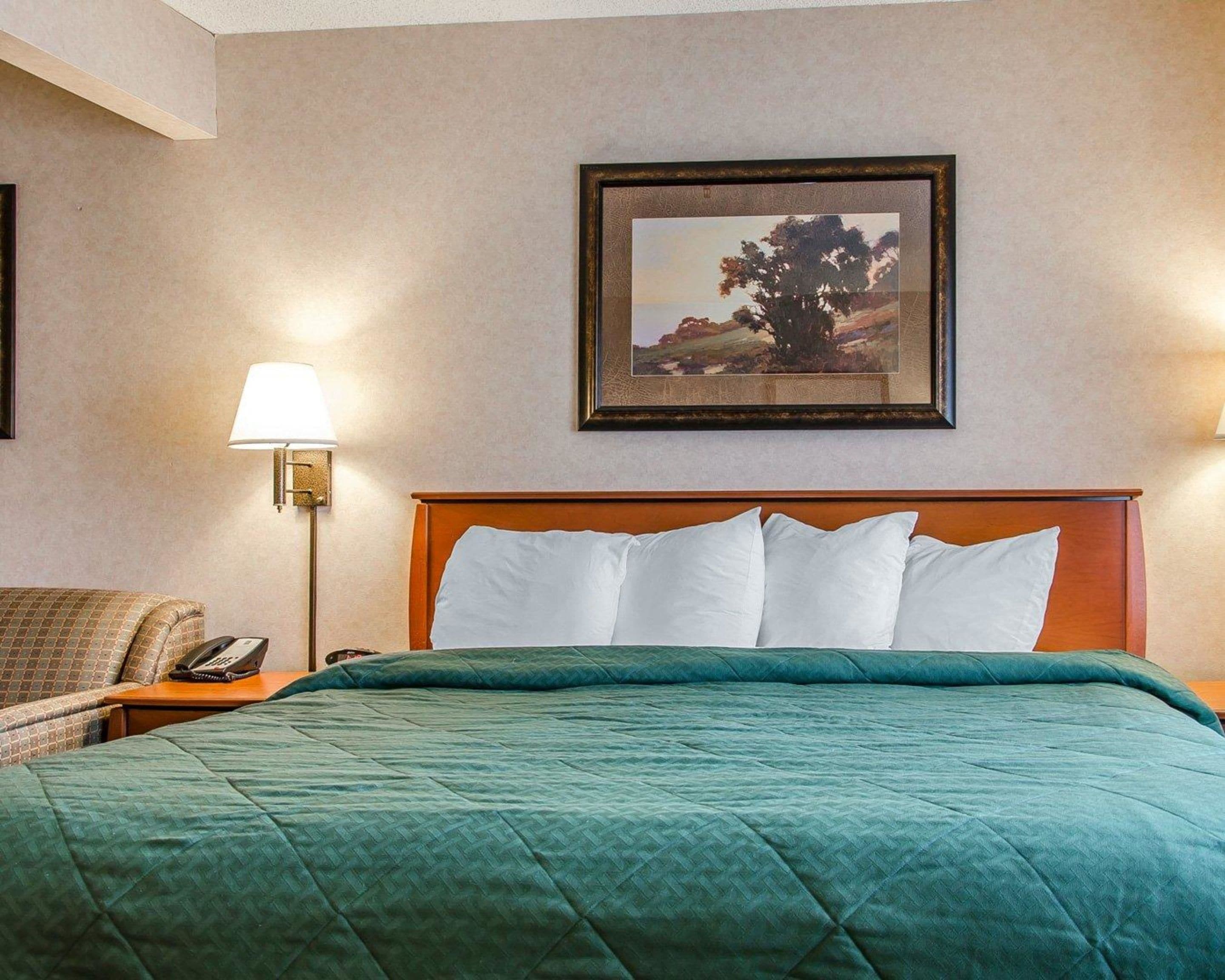 A hotel room with a bed, a nightstand with a lamp, a chair, and a framed picture on the wall.