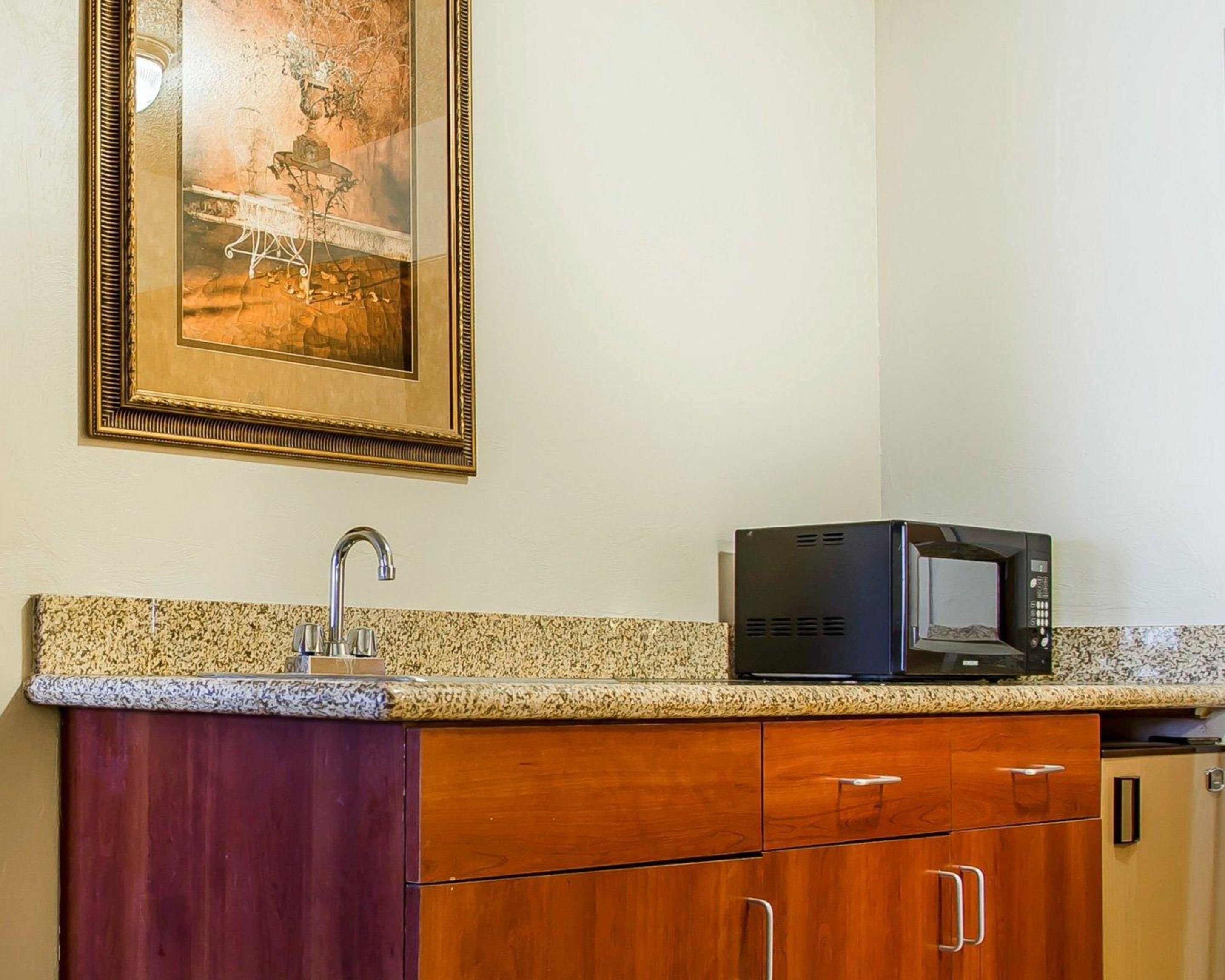 A kitchen with granite countertops, a stainless steel sink, wooden cabinets, and a framed artwork above the counter.