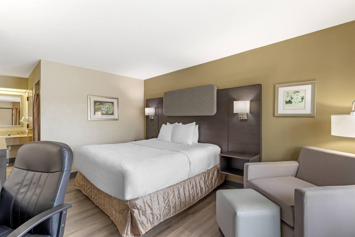 Une chambre d’hôtel avec un lit, deux chaises, un bureau et un miroir.