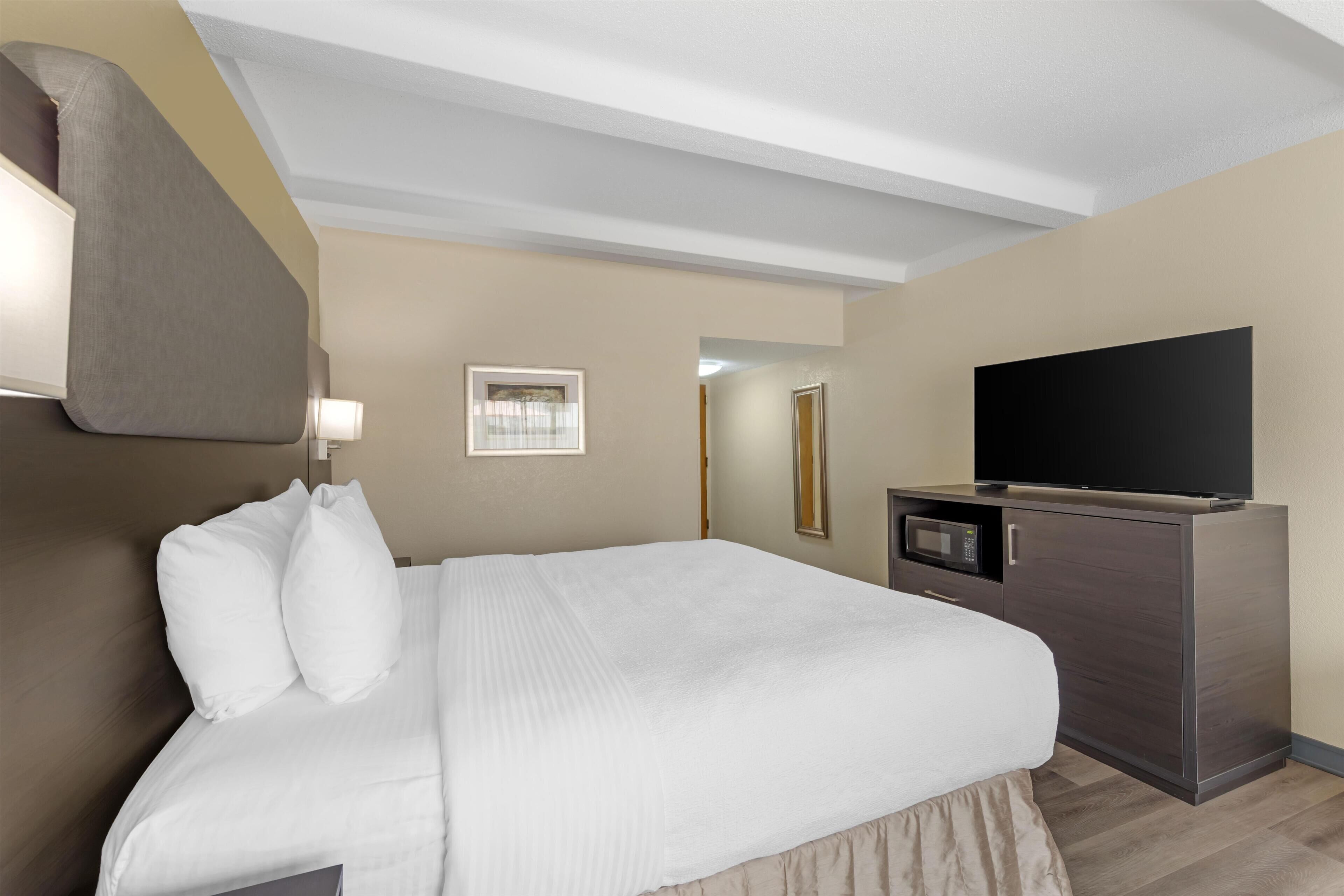 A hotel room with a bed, a television on a cabinet, and a microwave.