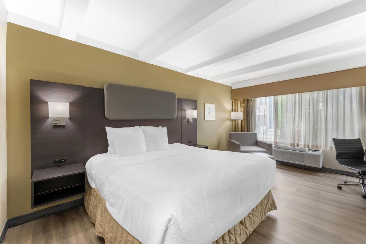 Une chambre d’hôtel moderne, dotée d’un grand lit, de lampes de chevet, d’un bureau et offrant une vue sur l’extérieur.