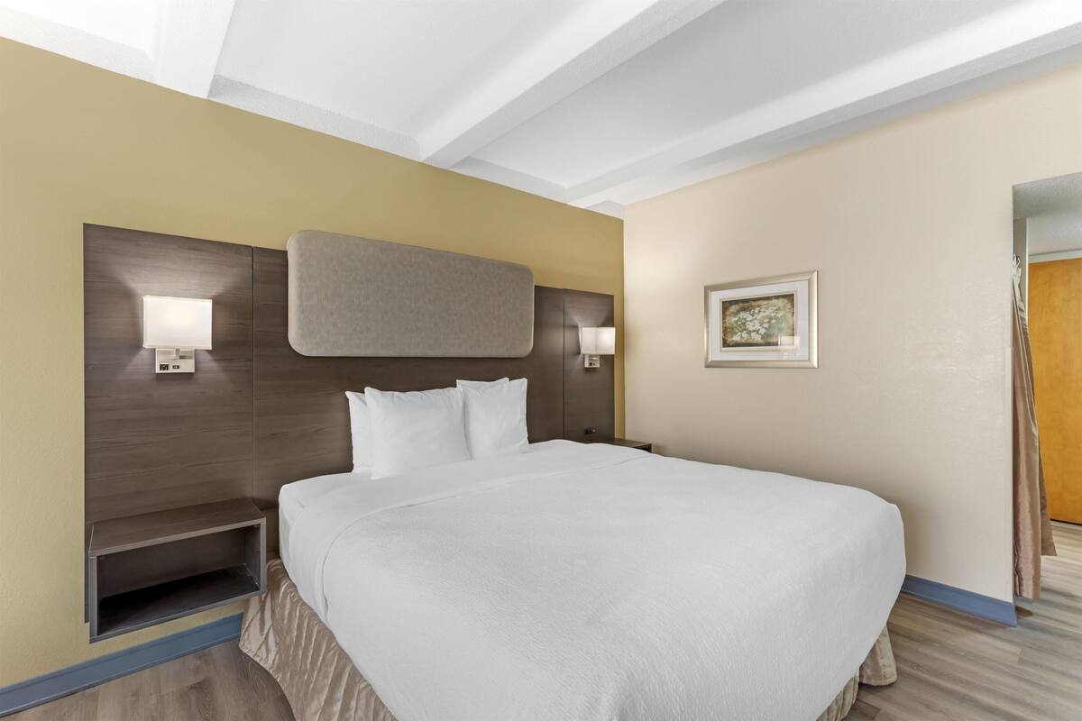 Une chambre d’hôtel avec un grand lit, des tables de chevet intégrées, une tête de lit et un tableau encadré au mur.
