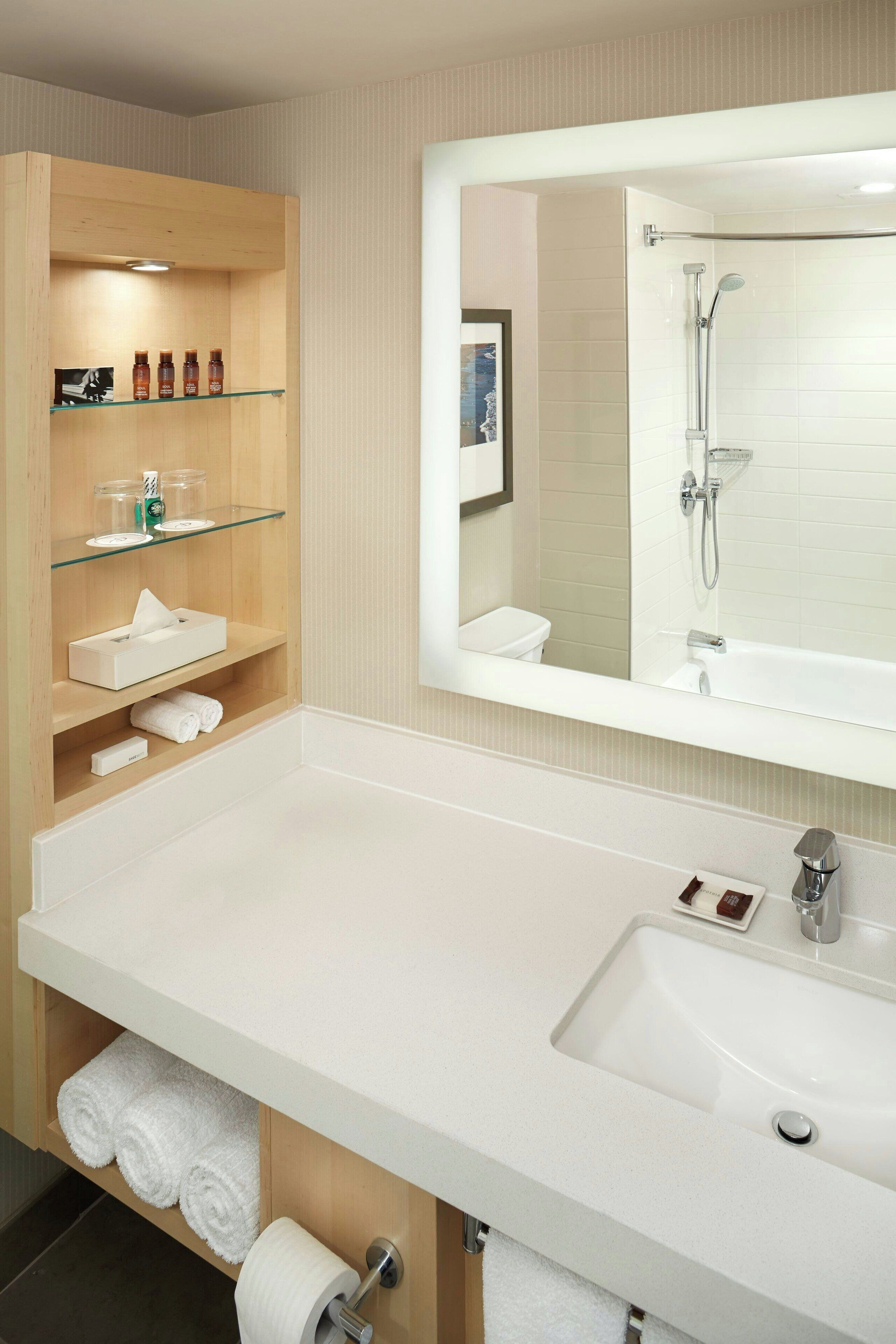 A modern bathroom with a large sink, a mirror, and a shower. There are shelves with toiletries and towels.