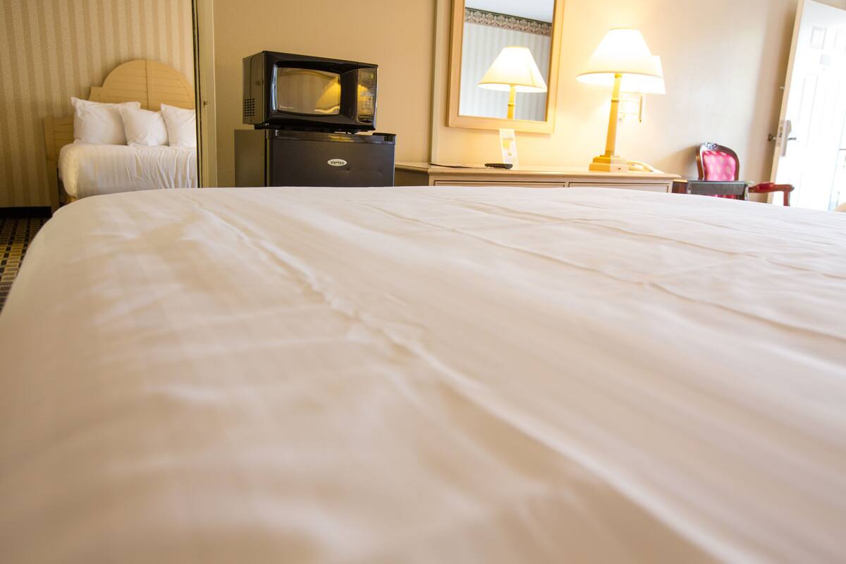A hotel room with a large bed, a television, a desk with a lamp, and a chair.
