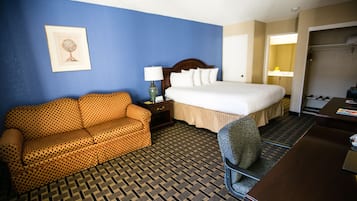 A hotel room with a bed, a sofa, a desk, and a chair.