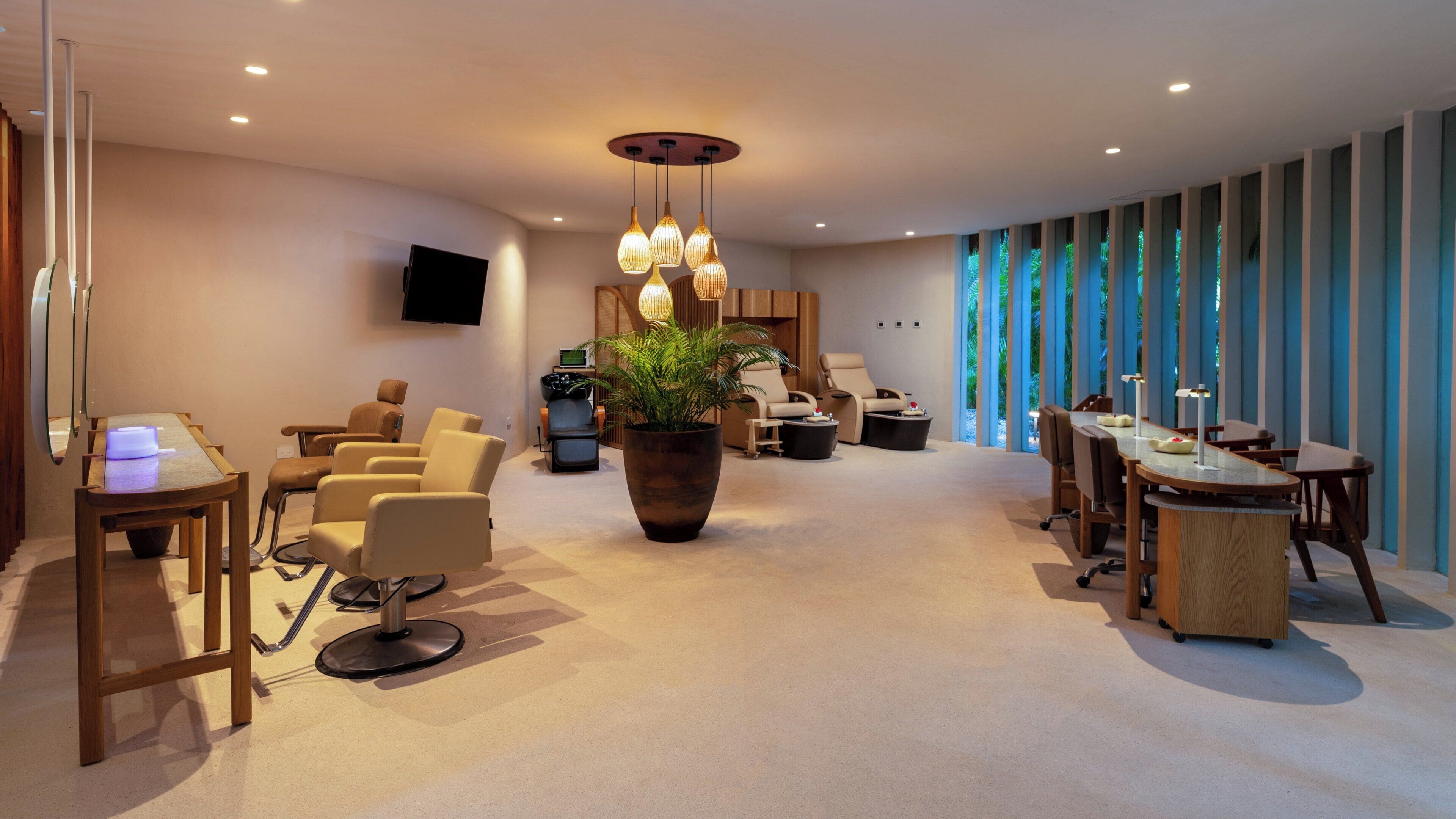 A modern hotel lobby with a reception desk, seating area, and a large potted plant.