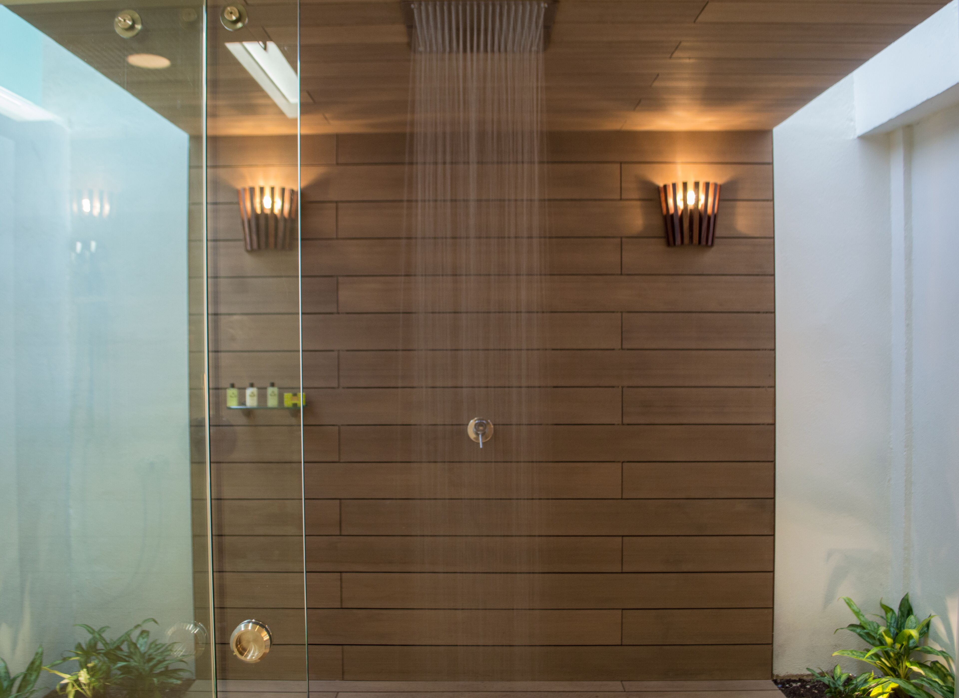 Una ducha moderna con cabina de vidrio, paneles de madera y dos luces empotradas.
