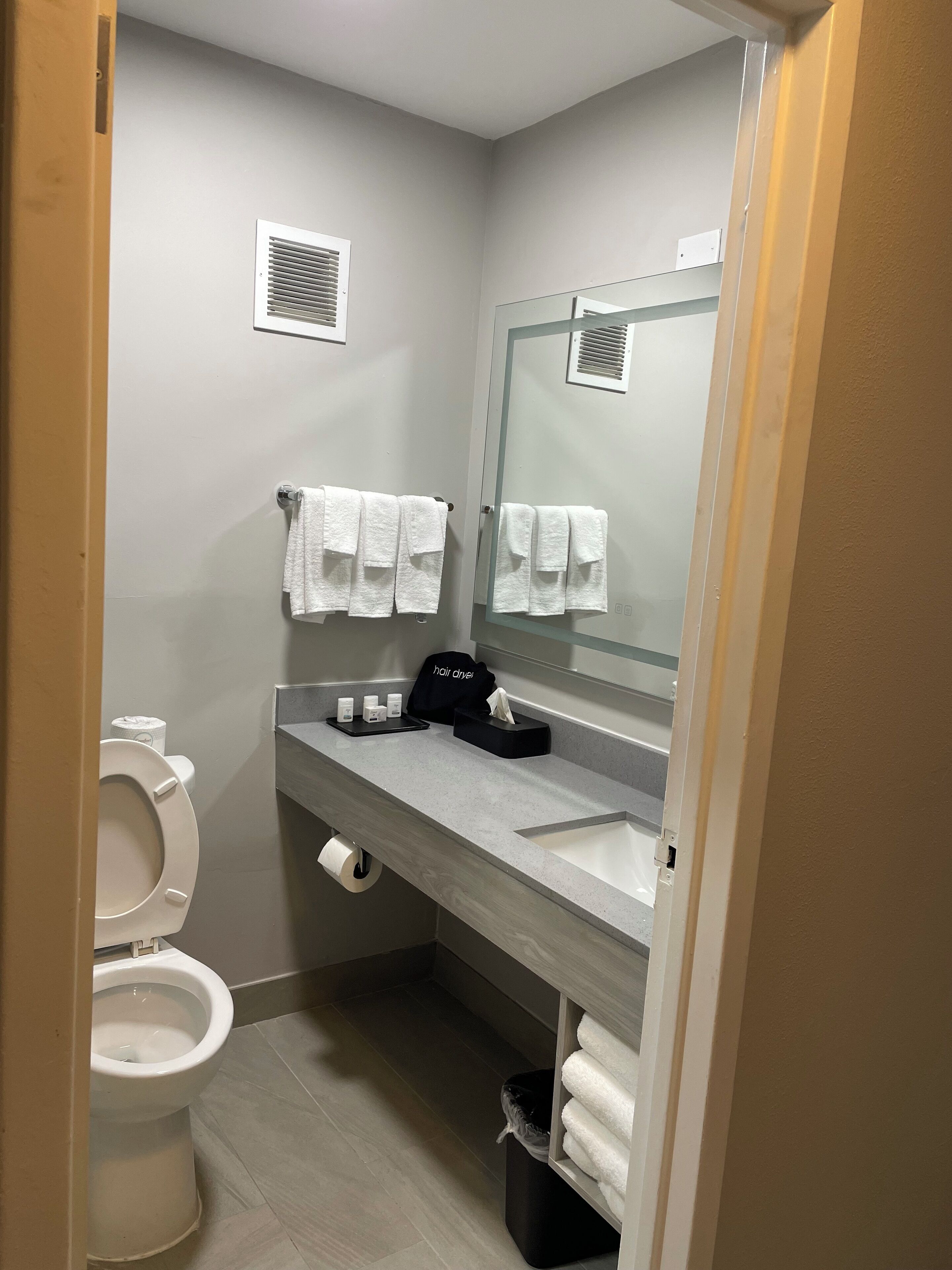 Une salle de bain moderne avec des toilettes, un lavabo et un miroir. Des serviettes sont accrochées au mur, il y a un sèche-cheveux et des articles de toilette sur le comptoir.