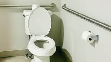 Des toilettes blanches classiques, avec une barre d’appui en métal, un rouleau de papier toilette fixé au mur et un sol carrelé.