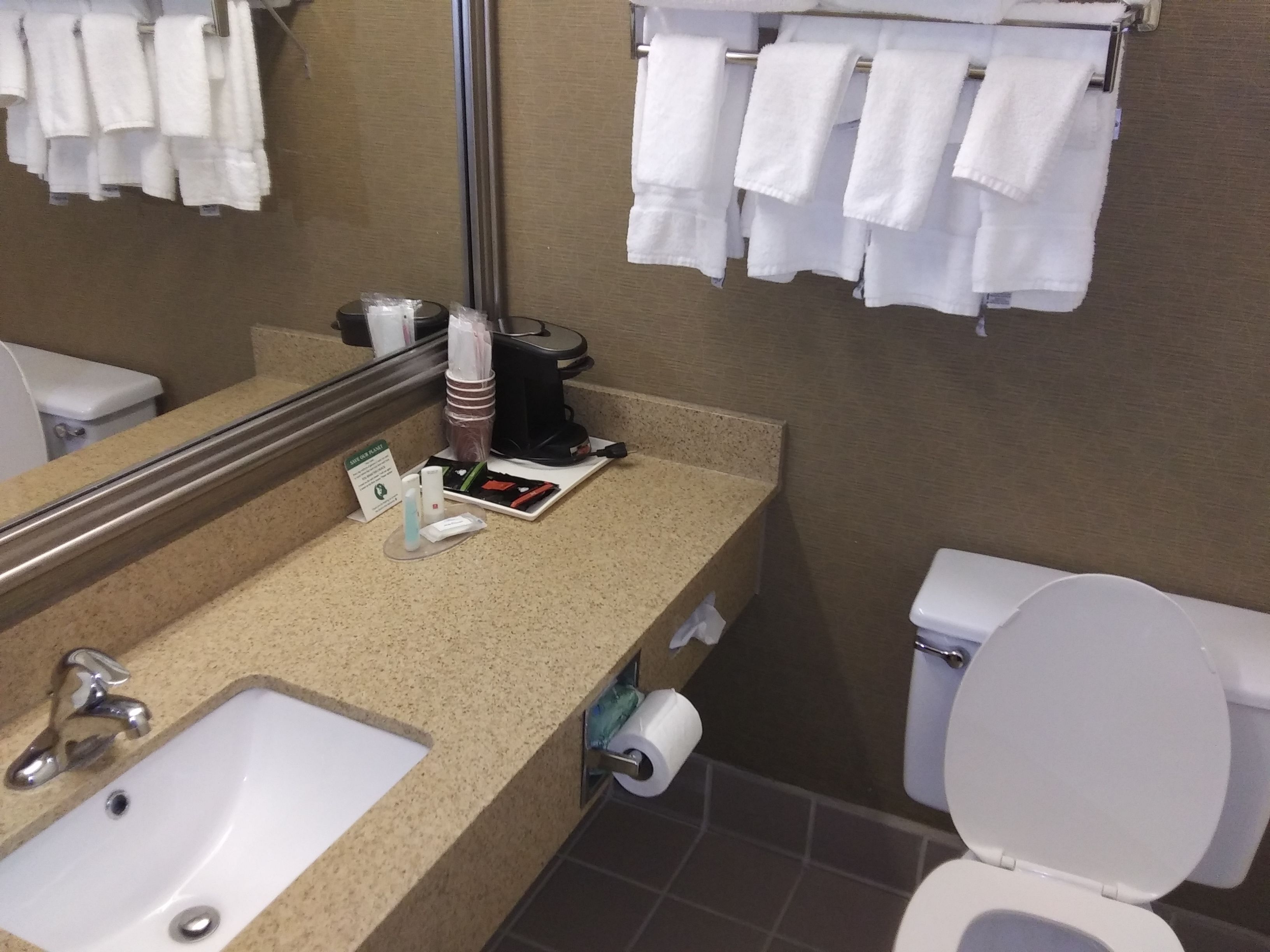Ein Badezimmer mit Waschbecken, Spiegel, Handtuchhalter, Toilette und einer Kaffeemaschine.