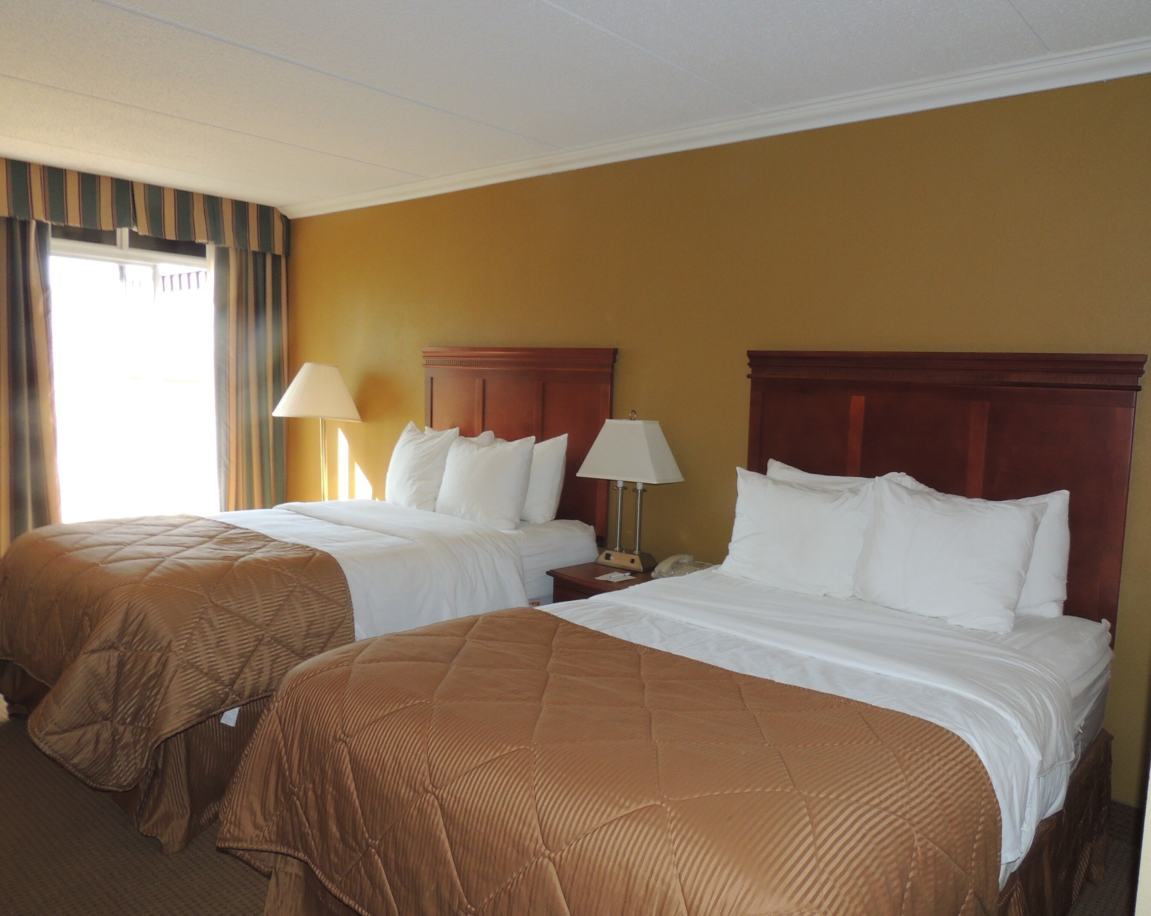 A hotel room with two beds, each with a wooden headboard, white bedding, and a brown quilted bedspread. There is a nightstand with a lamp and a telephone on each bed.