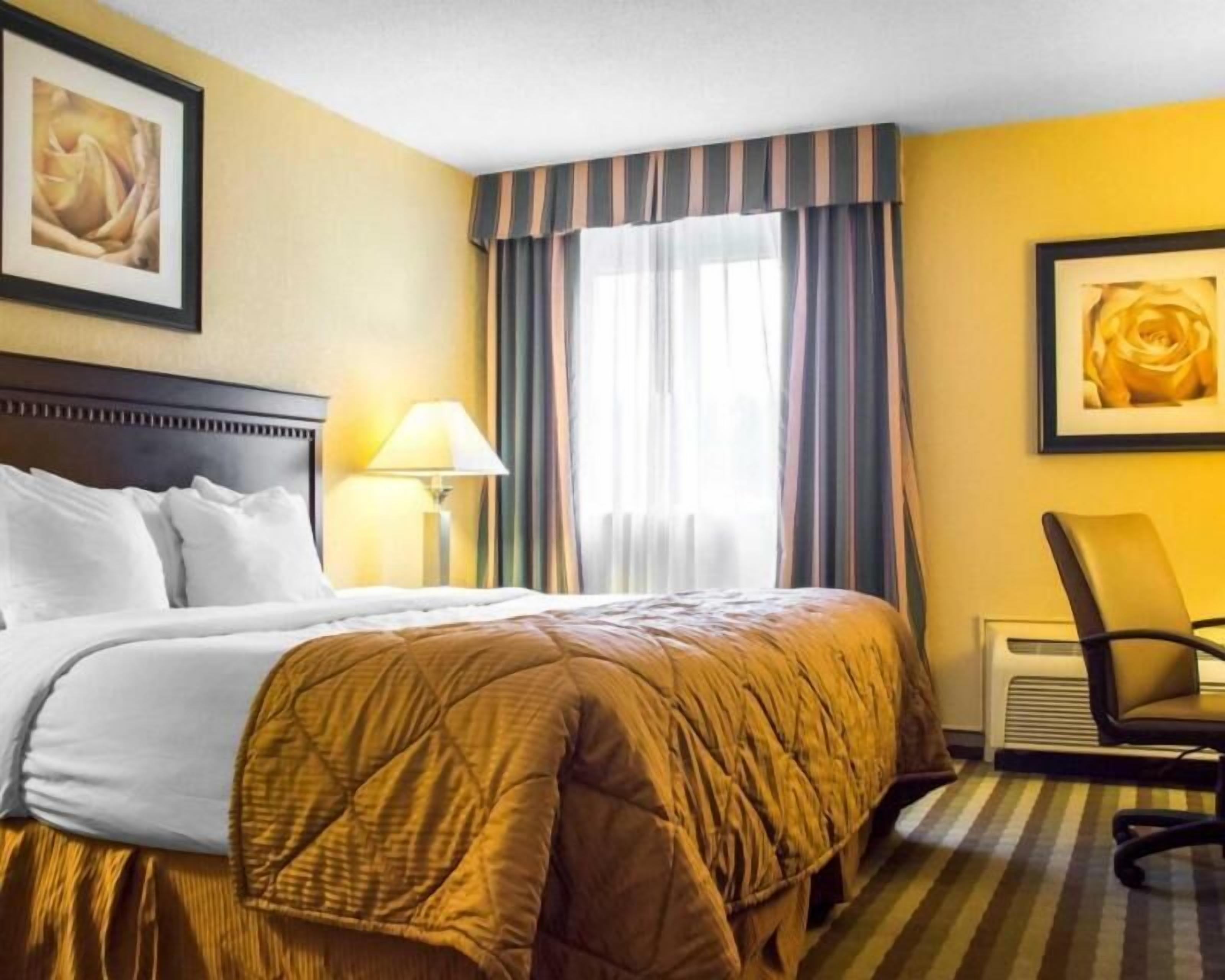 Premium bedding, desk, laptop workspace, iron/ironing board